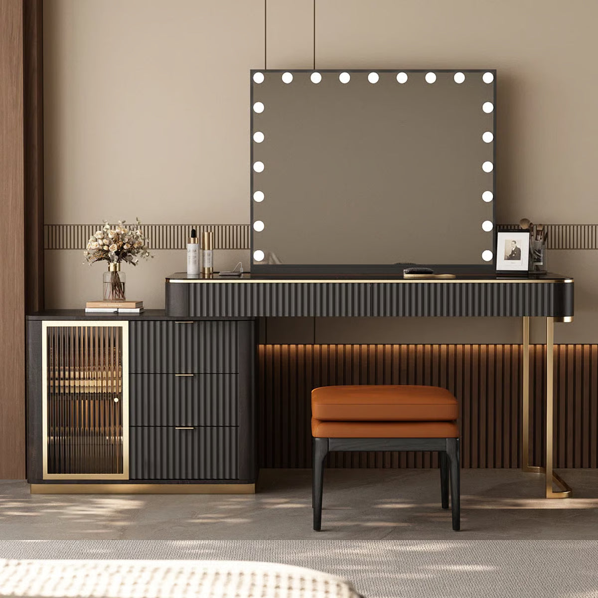 High-Quality Makeup Vanity Set with Glass Top, Built-In Power Outlet and Easy Assembly