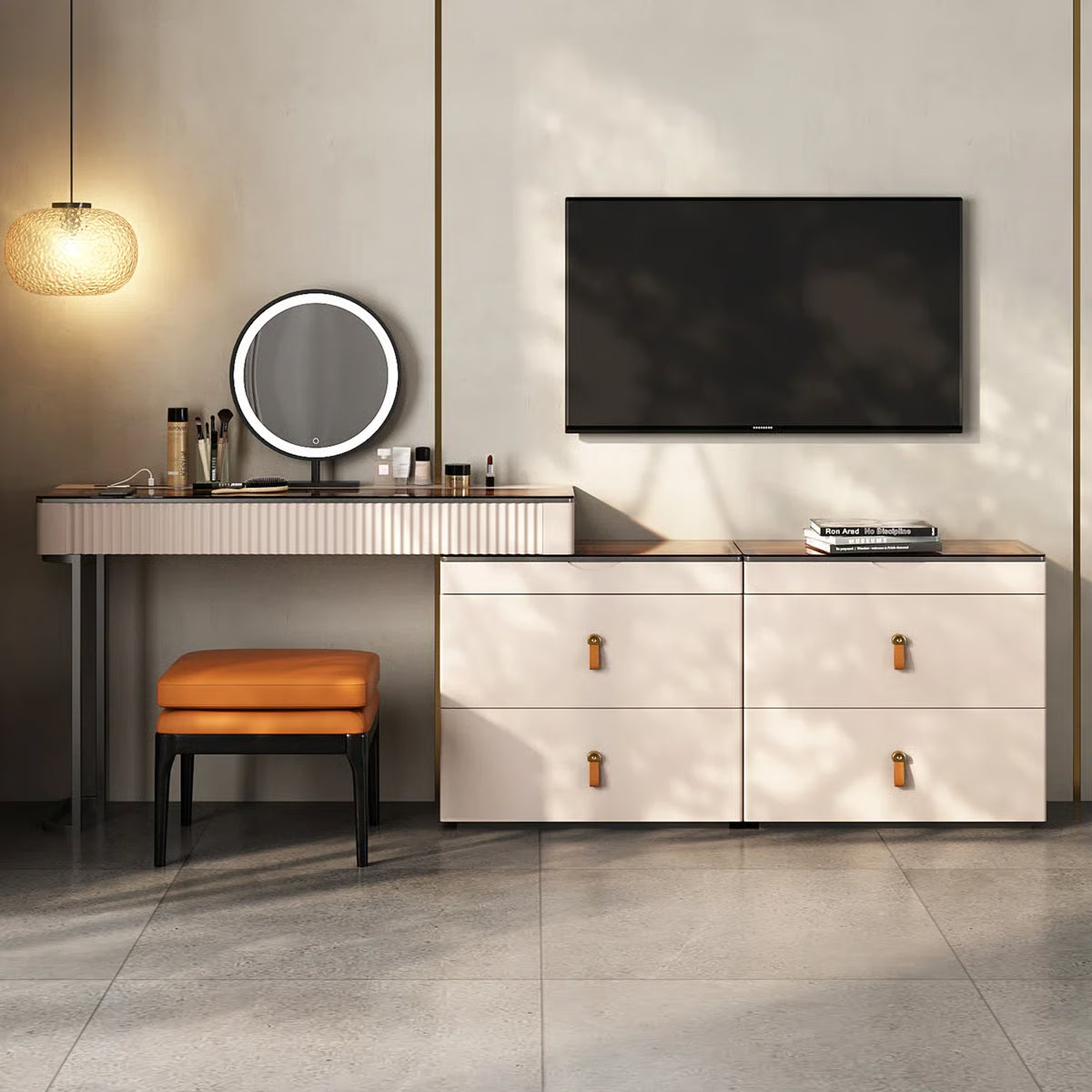 Luxury Corner Makeup Vanity Desk with Glass Top, Stool and Built-In Power Outlet