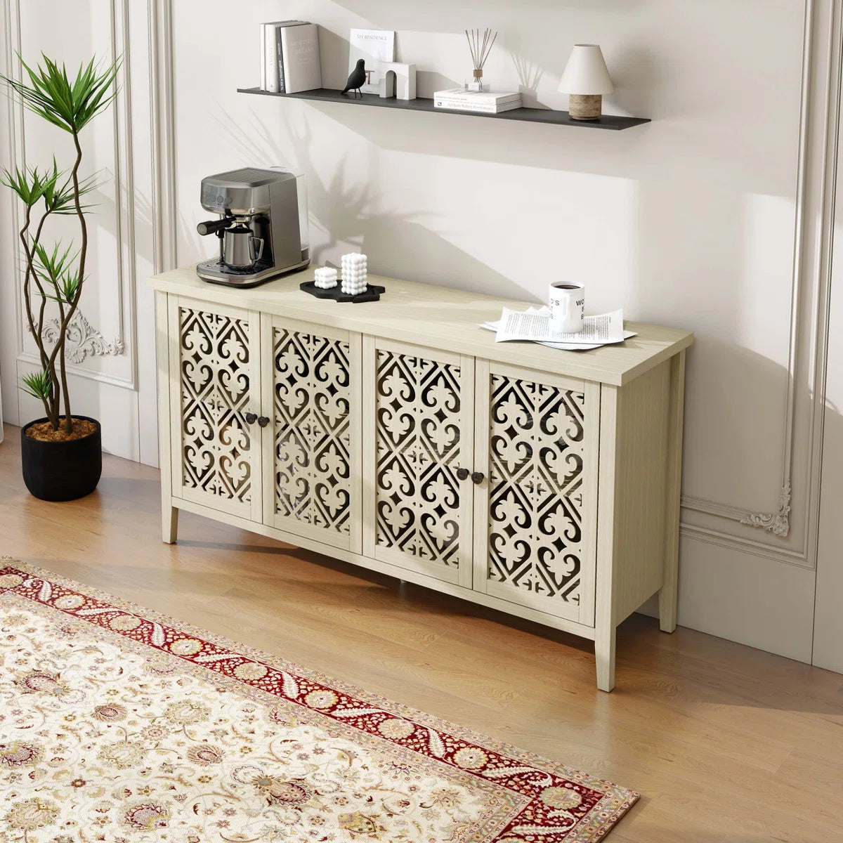 Hollowed-out 4-Door Cabinet, American Furniture Style, Ideal for Bedrooms, Living Rooms, and Studies, with Elegant Carvings and Good Air Permeability