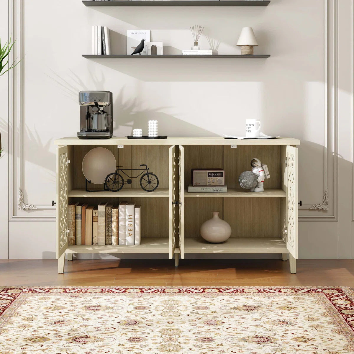 Hollowed-out 4-Door Cabinet, American Furniture Style, Ideal for Bedrooms, Living Rooms, and Studies, with Elegant Carvings and Good Air Permeability