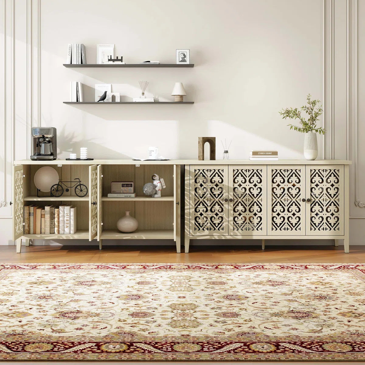 Hollowed-out 4-Door Cabinet, American Furniture Style, Ideal for Bedrooms, Living Rooms, and Studies, with Elegant Carvings and Good Air Permeability