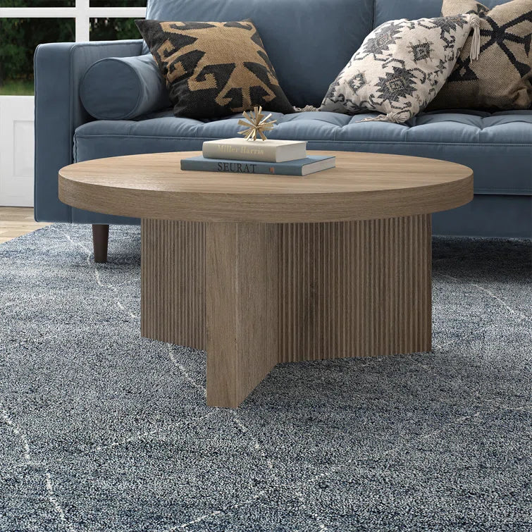 Rustic Round Coffee Table with Ribbed Pedestal
