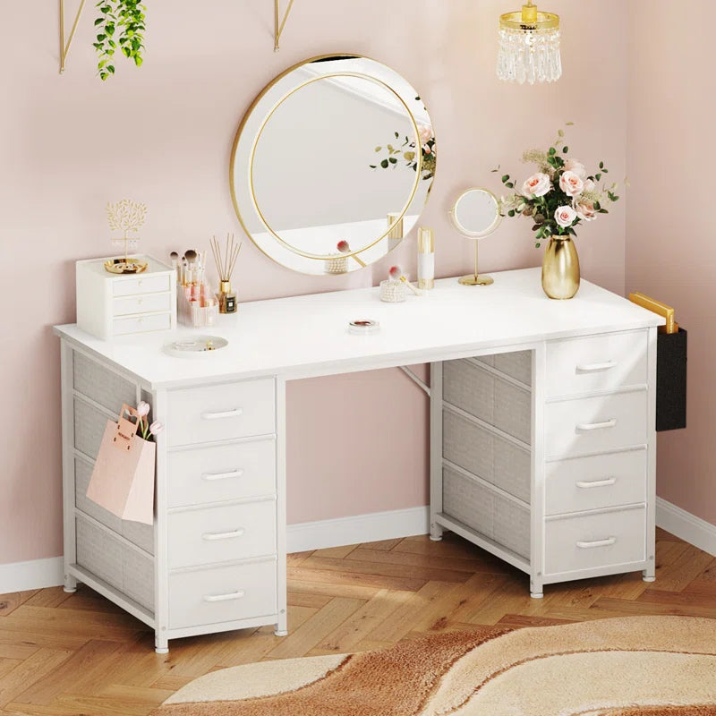 Ouch Cart Modern Home Office Writing Desk with 8 Fabric Drawers, Reversible Corner Design, Steel Frame & Spacious Storage