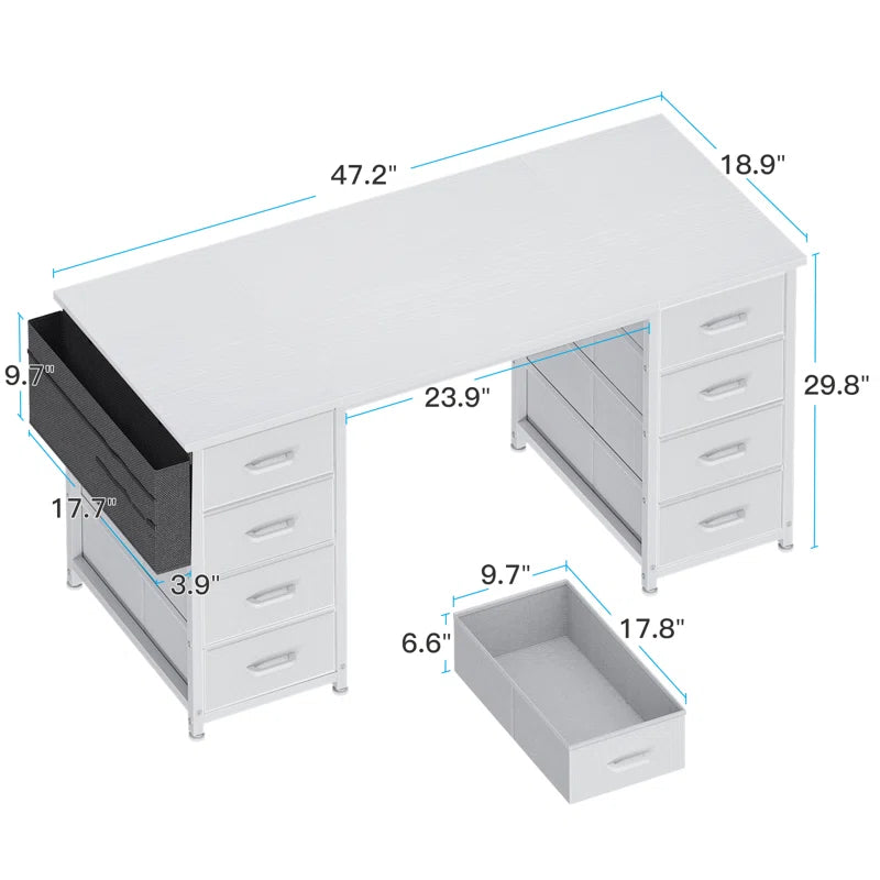 Ouch Cart Modern Home Office Writing Desk with 8 Fabric Drawers, Reversible Corner Design, Steel Frame & Spacious Storage