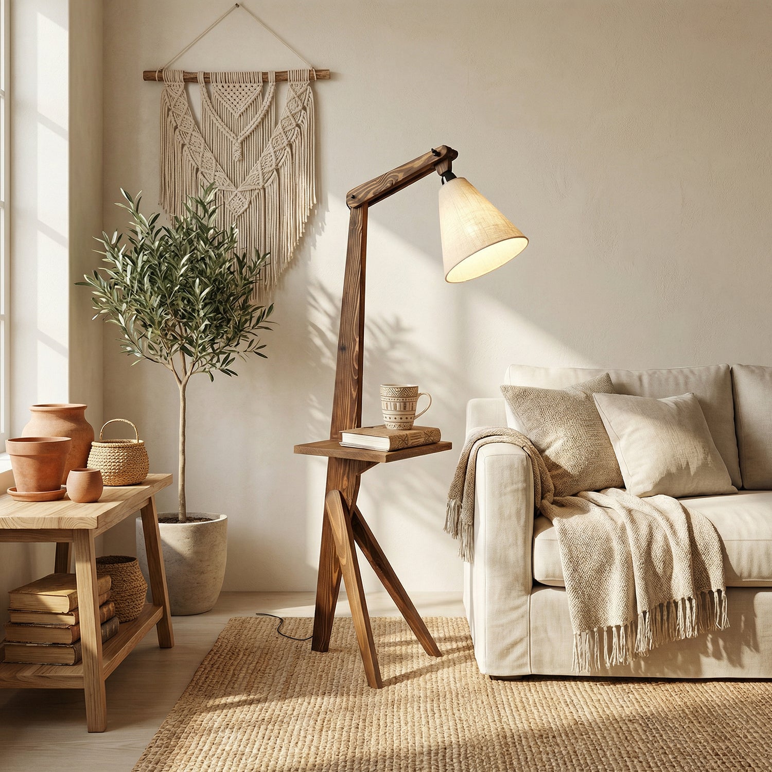 Hubert Wooden Floor Lamp with Brown Base and Jute Fabric Lampshade (BULB NOT INCLUDED)