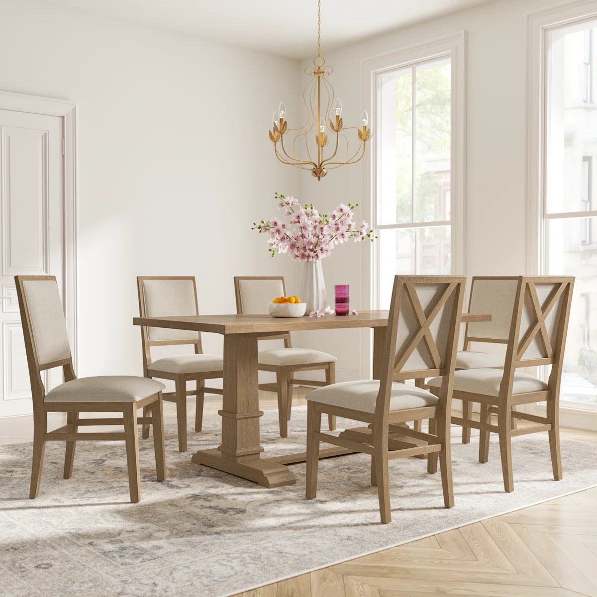 Hudson Trestle Dining Table with Upholstered and Wood Chairs - OUCH CART 