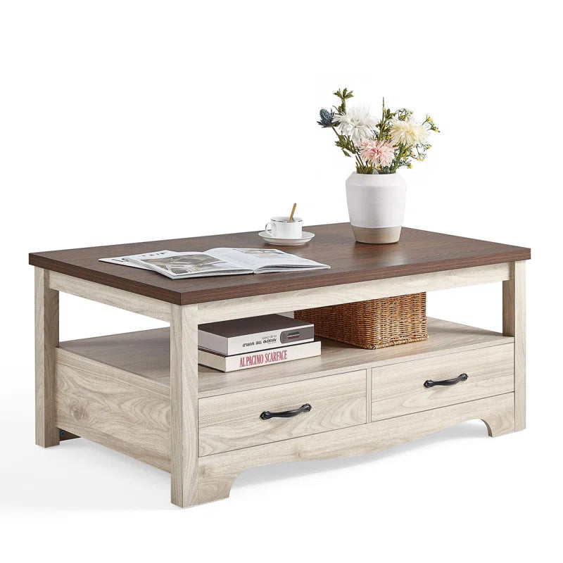 Farmhouse Coffee Table with Drawers & Open Shelf | Rustic Storage Center Table for Living Room