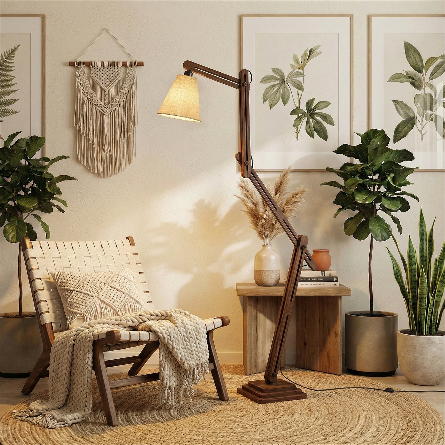 Hydra Wooden Floor Lamp with Brown Base and Jute Fabric Lampshade (BULB NOT INCLUDED)