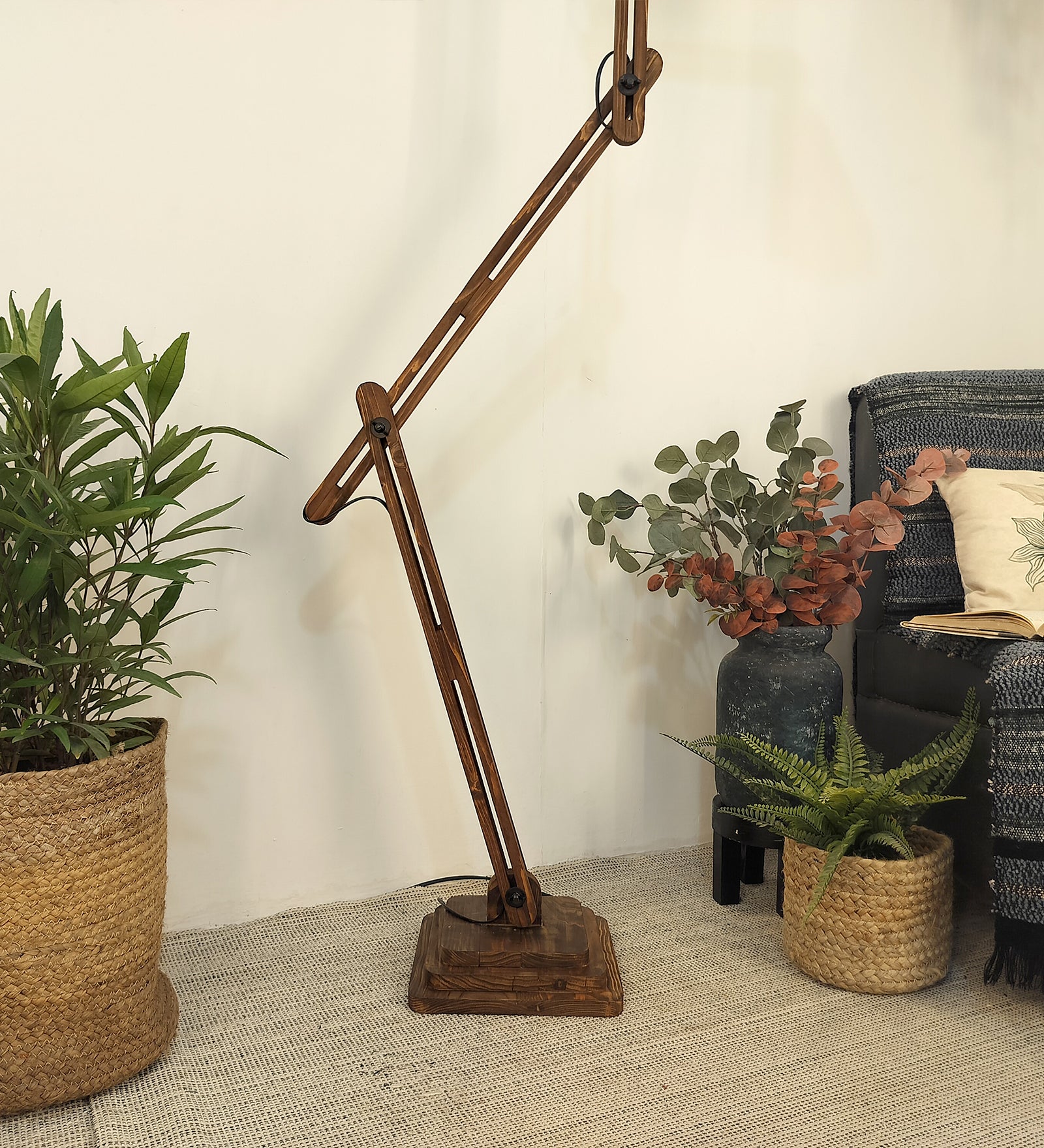 Hydra Wooden Floor Lamp with Brown Base and Jute Fabric Lampshade (BULB NOT INCLUDED)