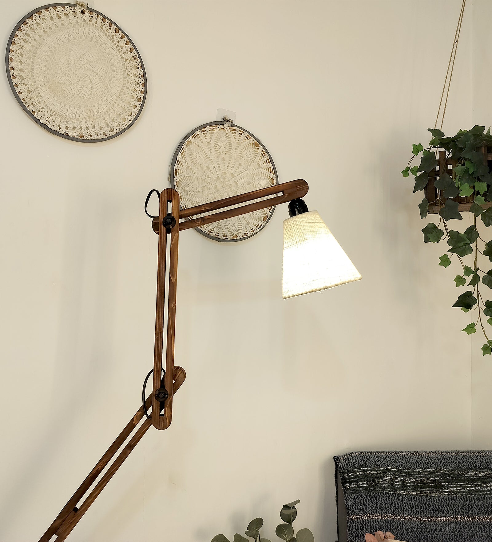 Hydra Wooden Floor Lamp with Brown Base and Jute Fabric Lampshade (BULB NOT INCLUDED)