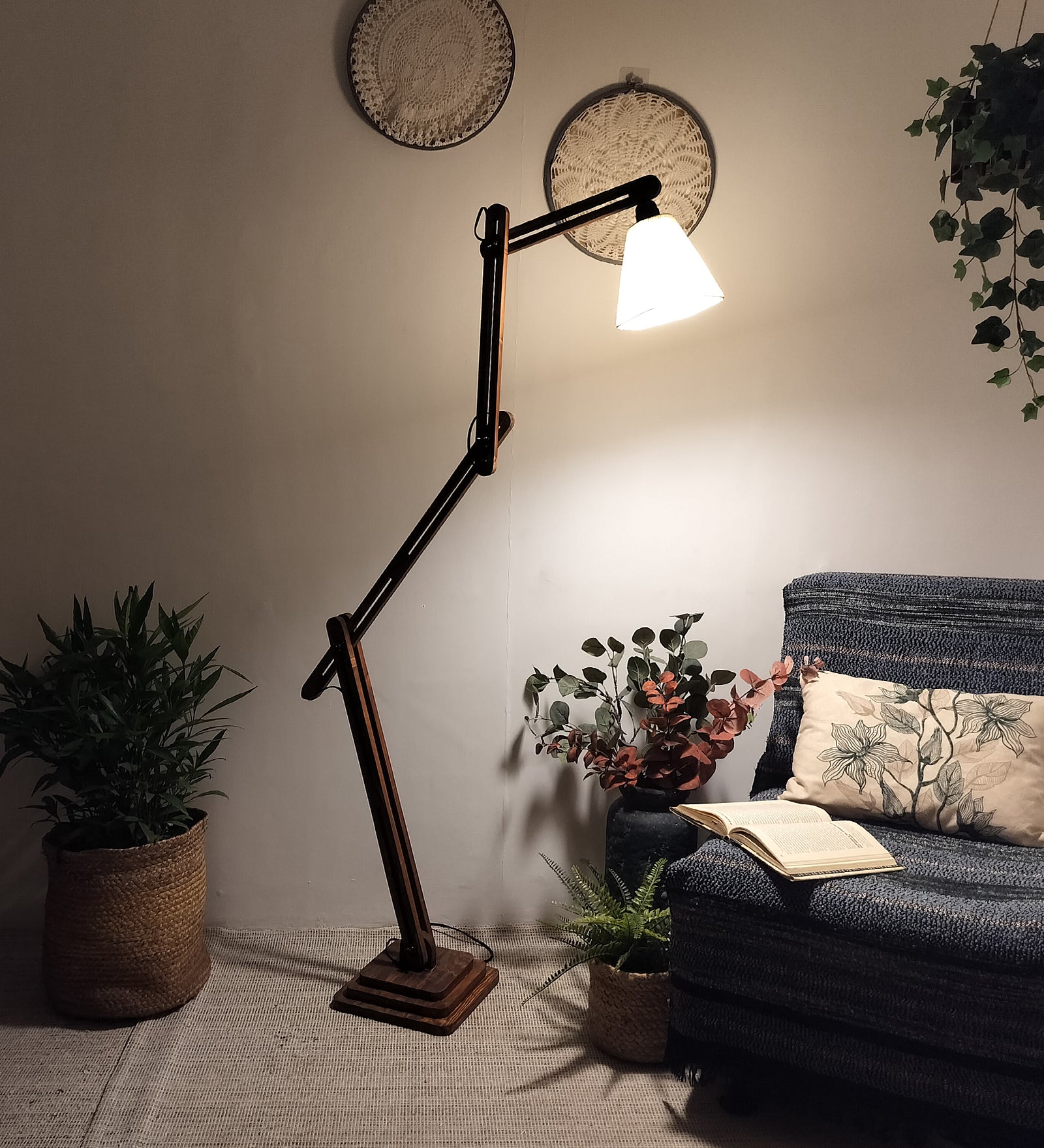 Hydra Wooden Floor Lamp with Brown Base and Jute Fabric Lampshade (BULB NOT INCLUDED)