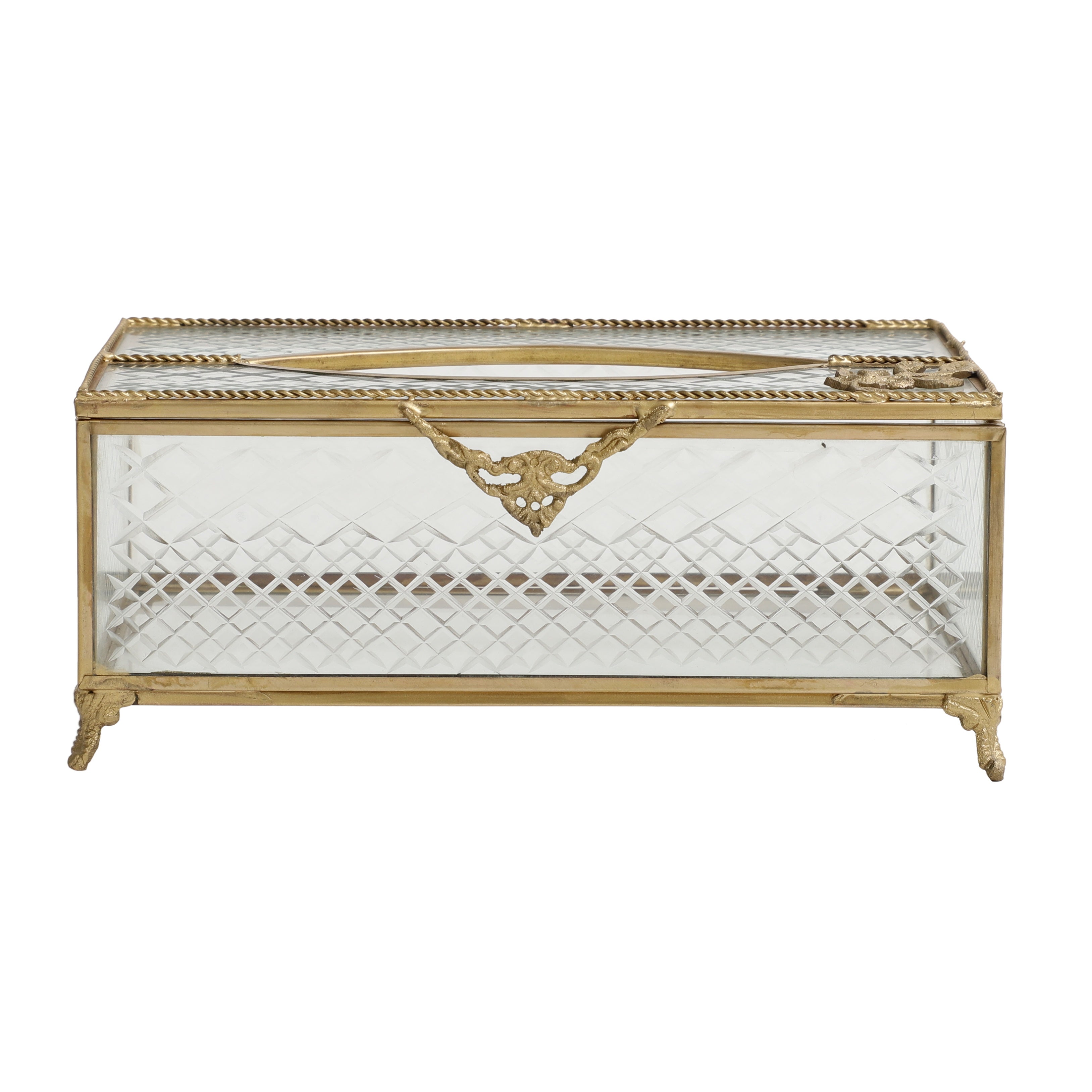 Gleaming Crackle Glass Tissue Box with Antique Brass