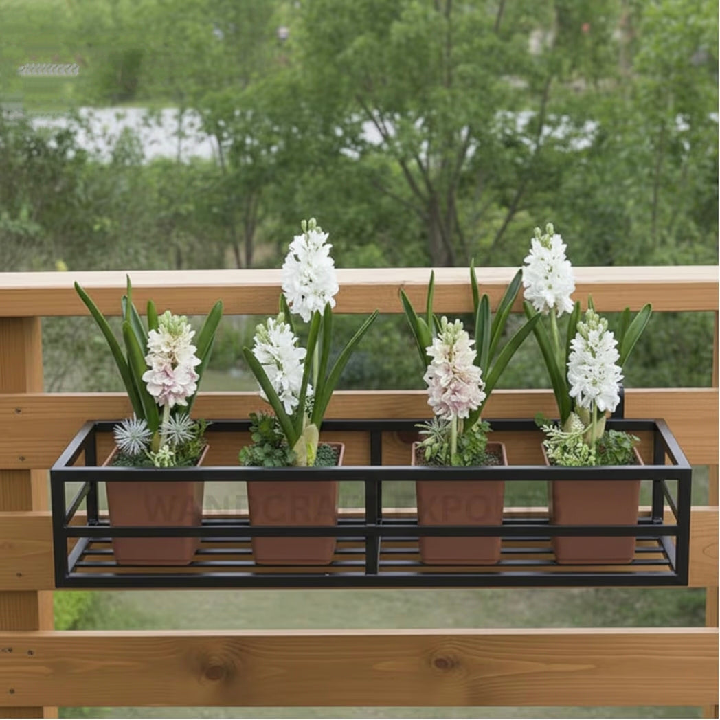 Balcony Railling Planter Box Black Frame Metal Rectangular Flower Pot Holder For Outdoor Garden Decor