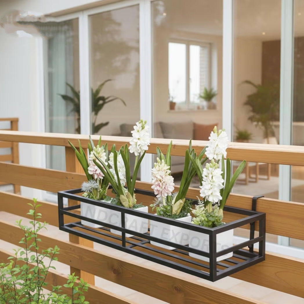 Balcony Railling Planter Box Black Frame Metal Rectangular Flower Pot Holder For Outdoor Garden Decor