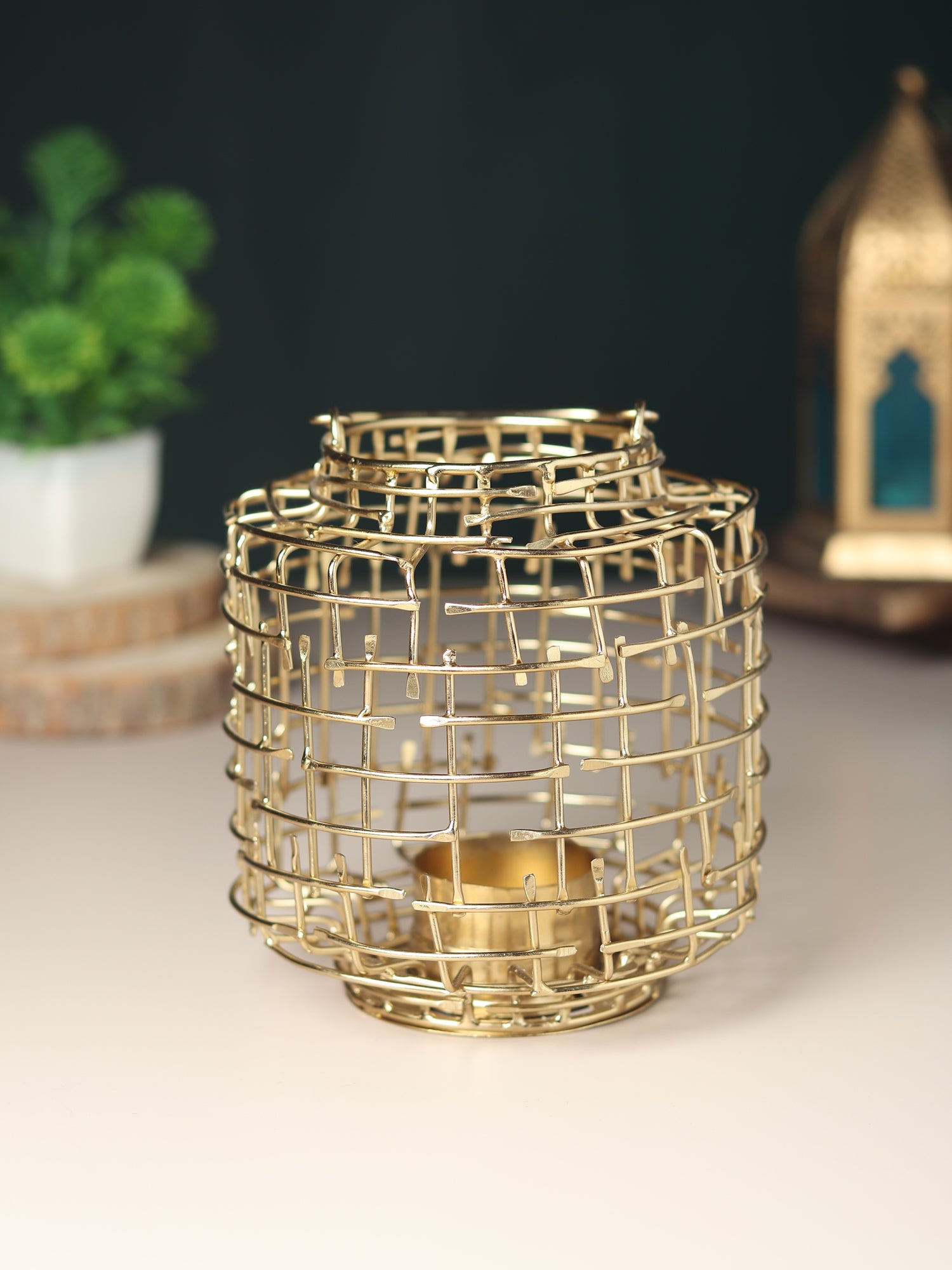 Basketweave Gold Tea Light Holder