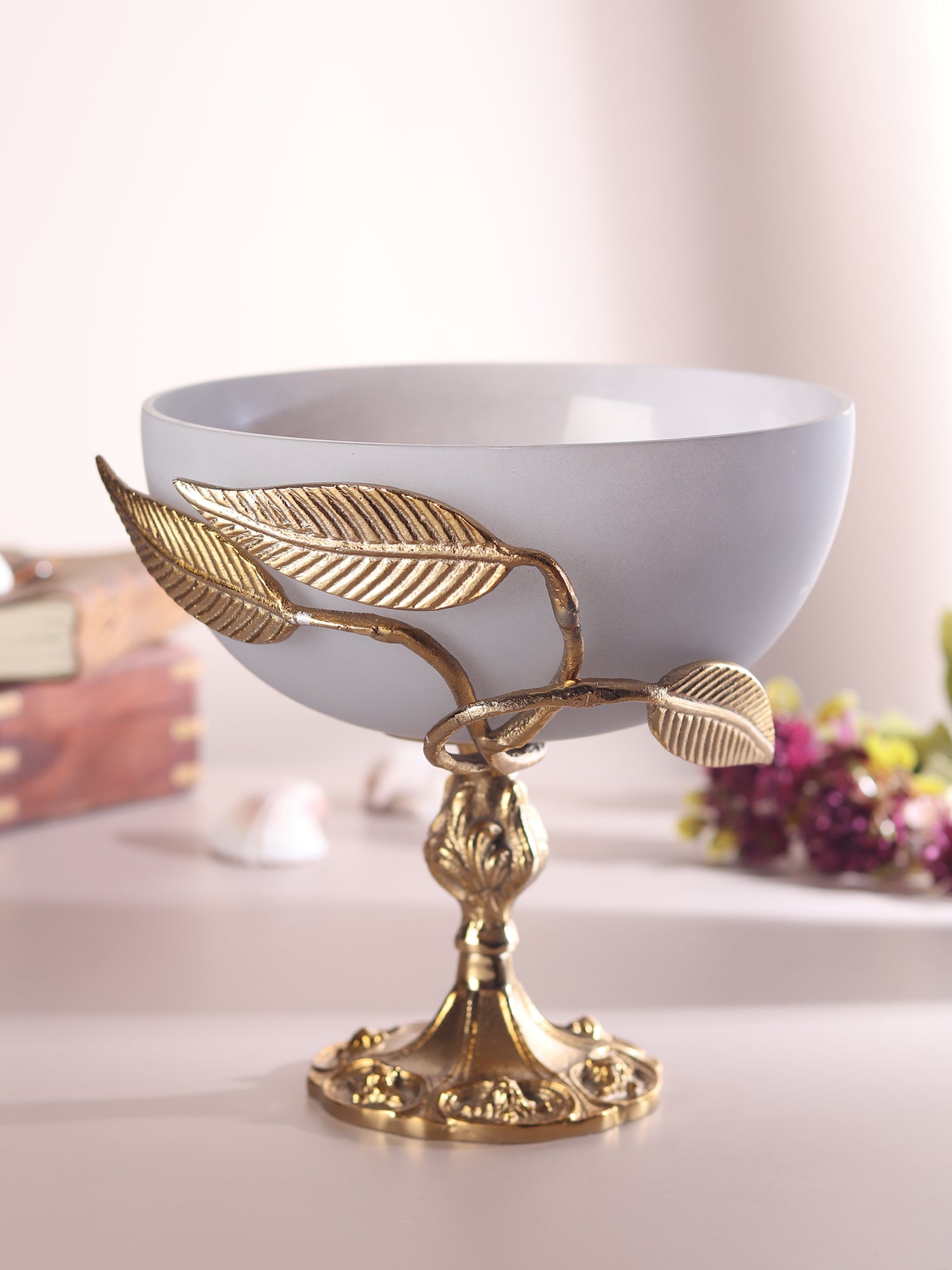 Verdant Elegance Glass Bowl in Grey and Gold