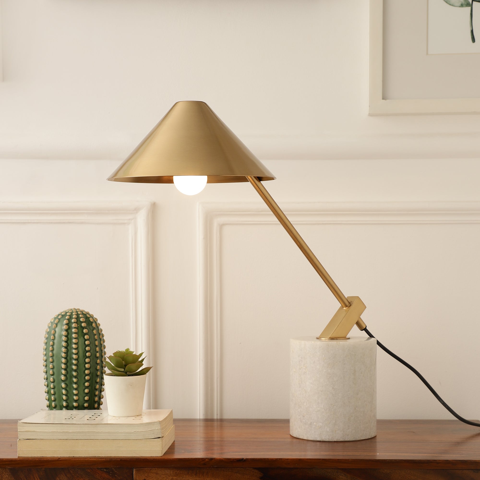 Gold Metal Cone Shade Lamp with white  Marble Base