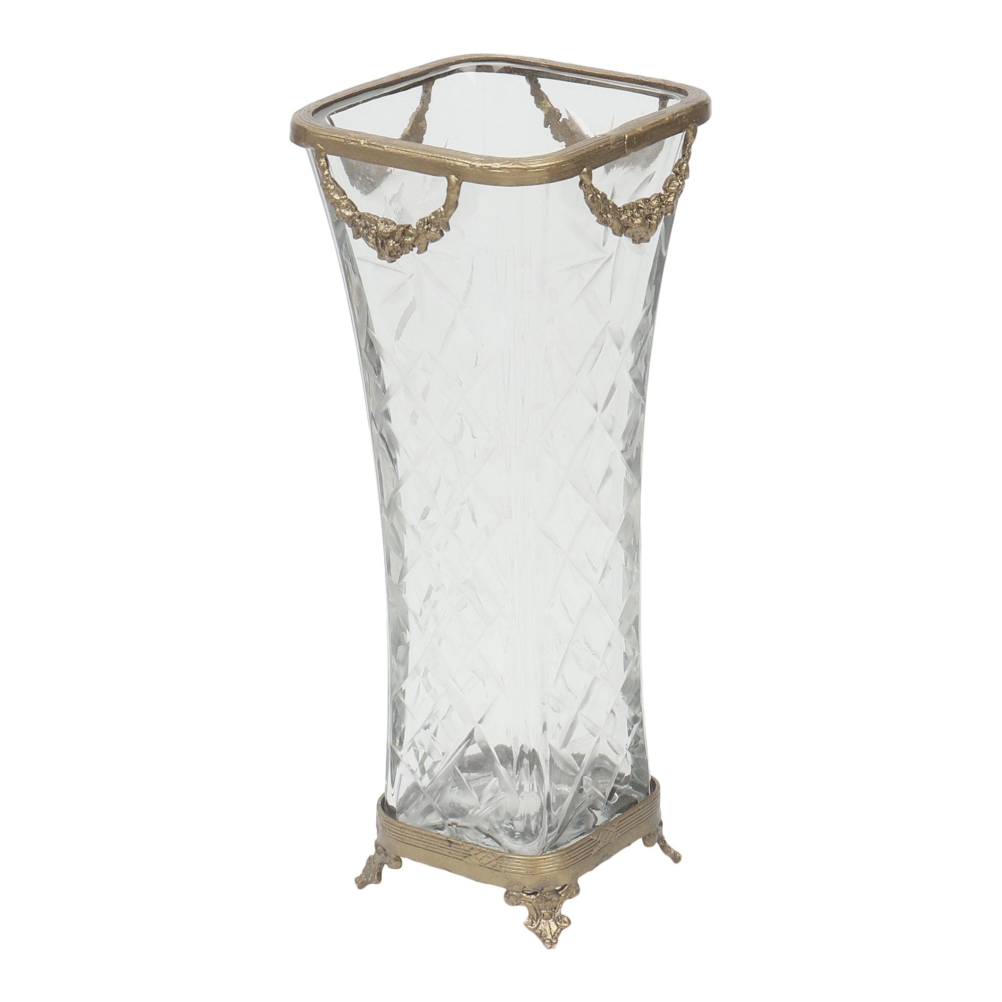 Diamond Blossom Glass Vase with antique brass rings