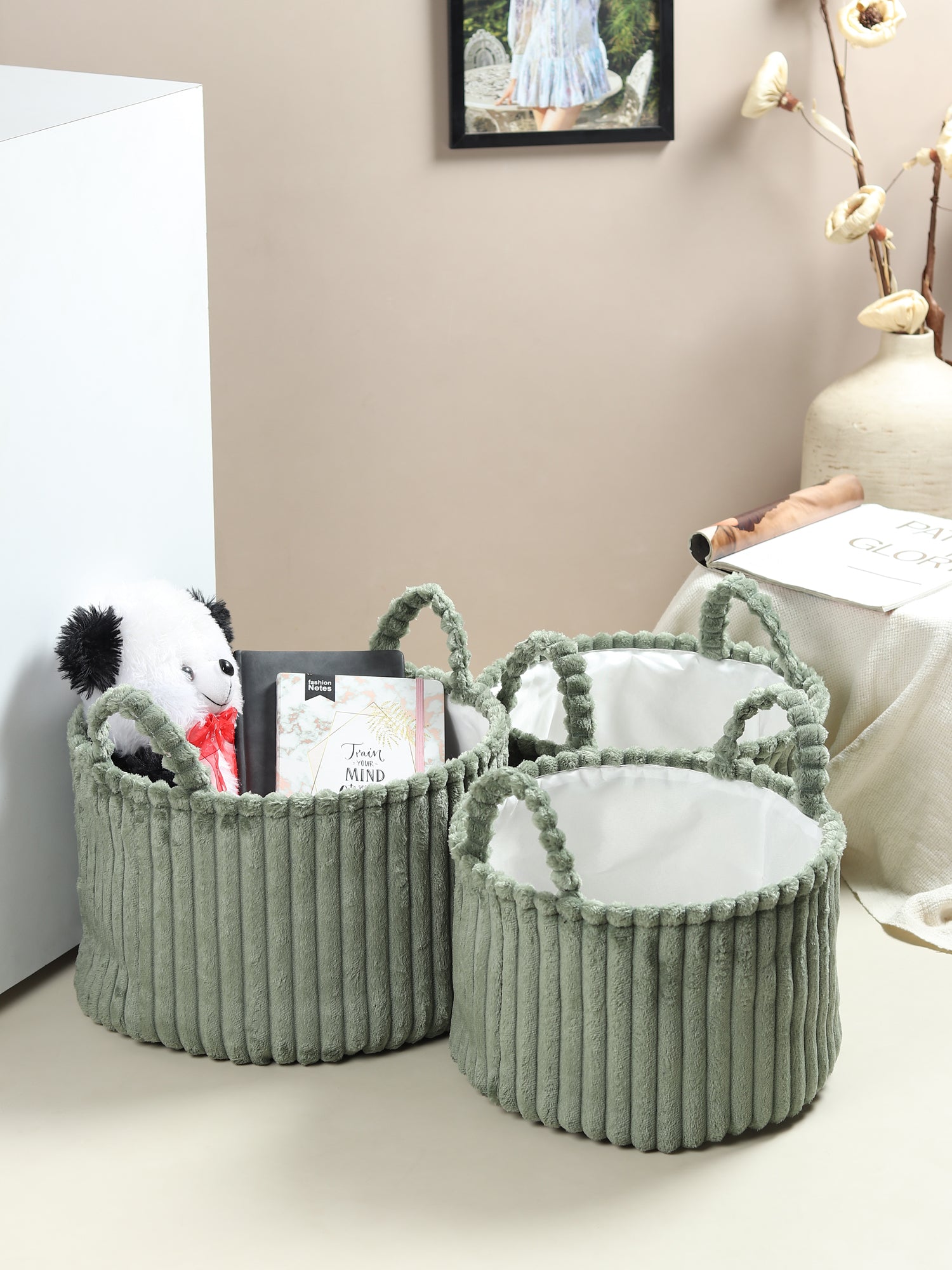 Cloud weave cloth basket Squashy Green Set of 3 - OUCHCART | Storage bag