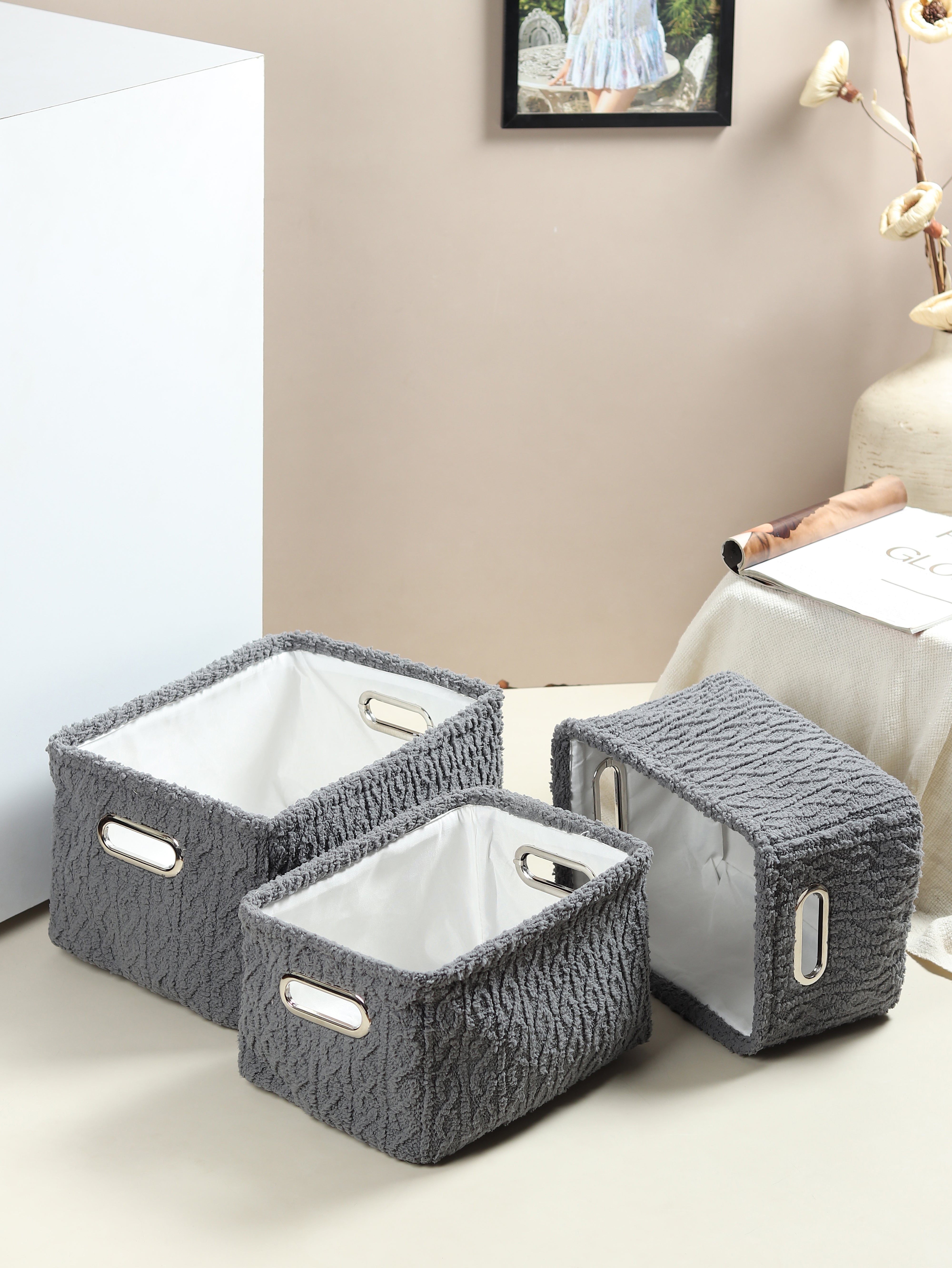Warm Whirl Ash Grey Basket set of 3 - OUCHCART | Storage bag
