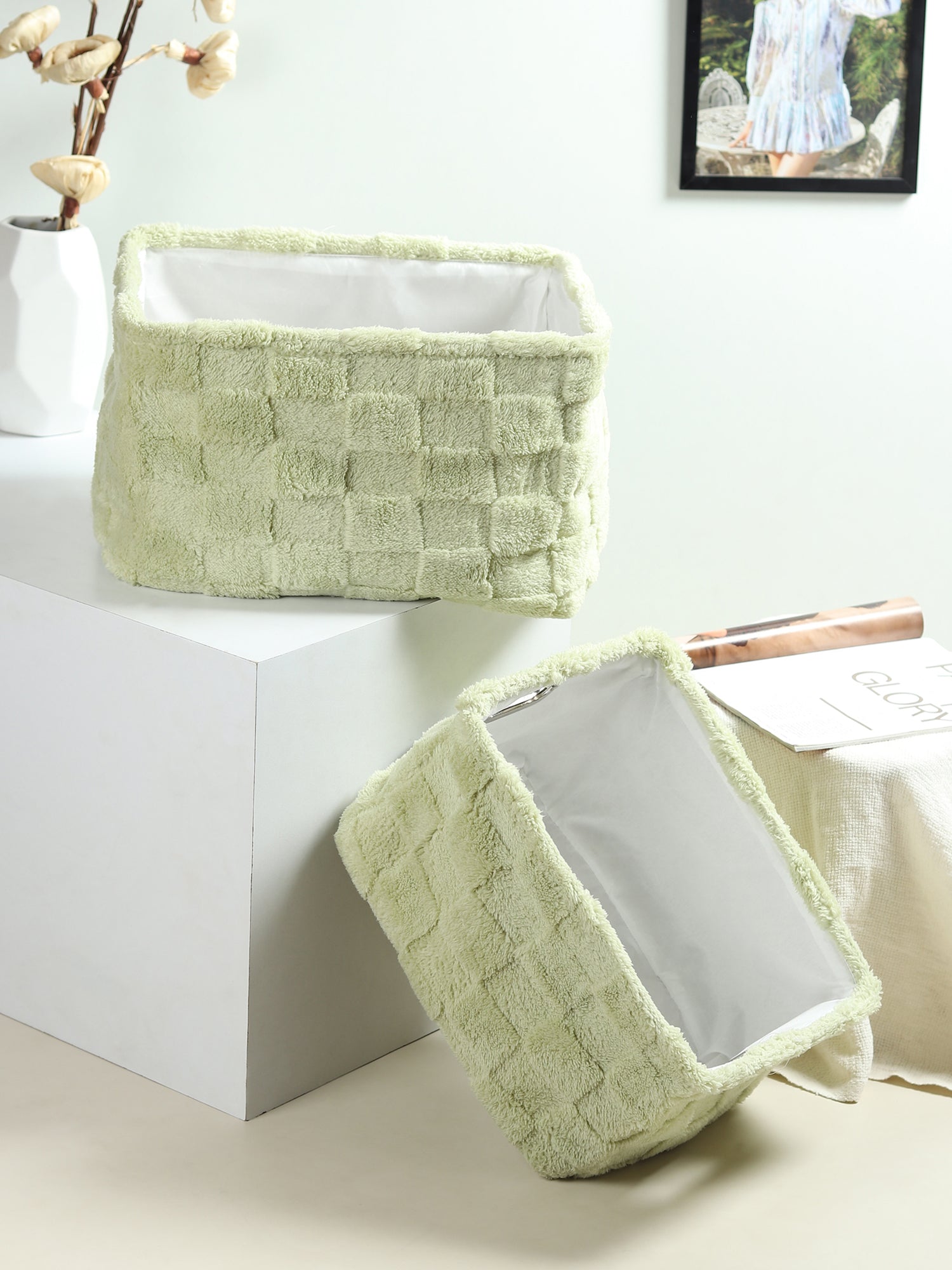 Soft Grid Plush Storage Basket Sage Green Set of 2 - Ouchcart | Storage baskit