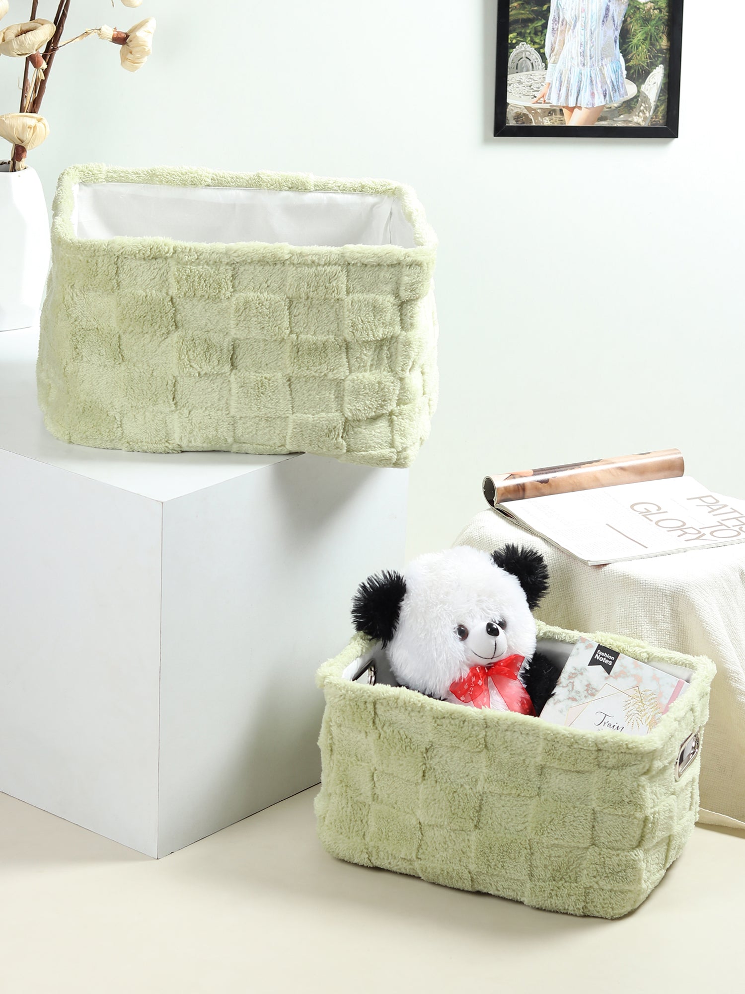 Soft Grid Plush Storage Basket Sage Green Set of 2 - Ouchcart | Storage baskit