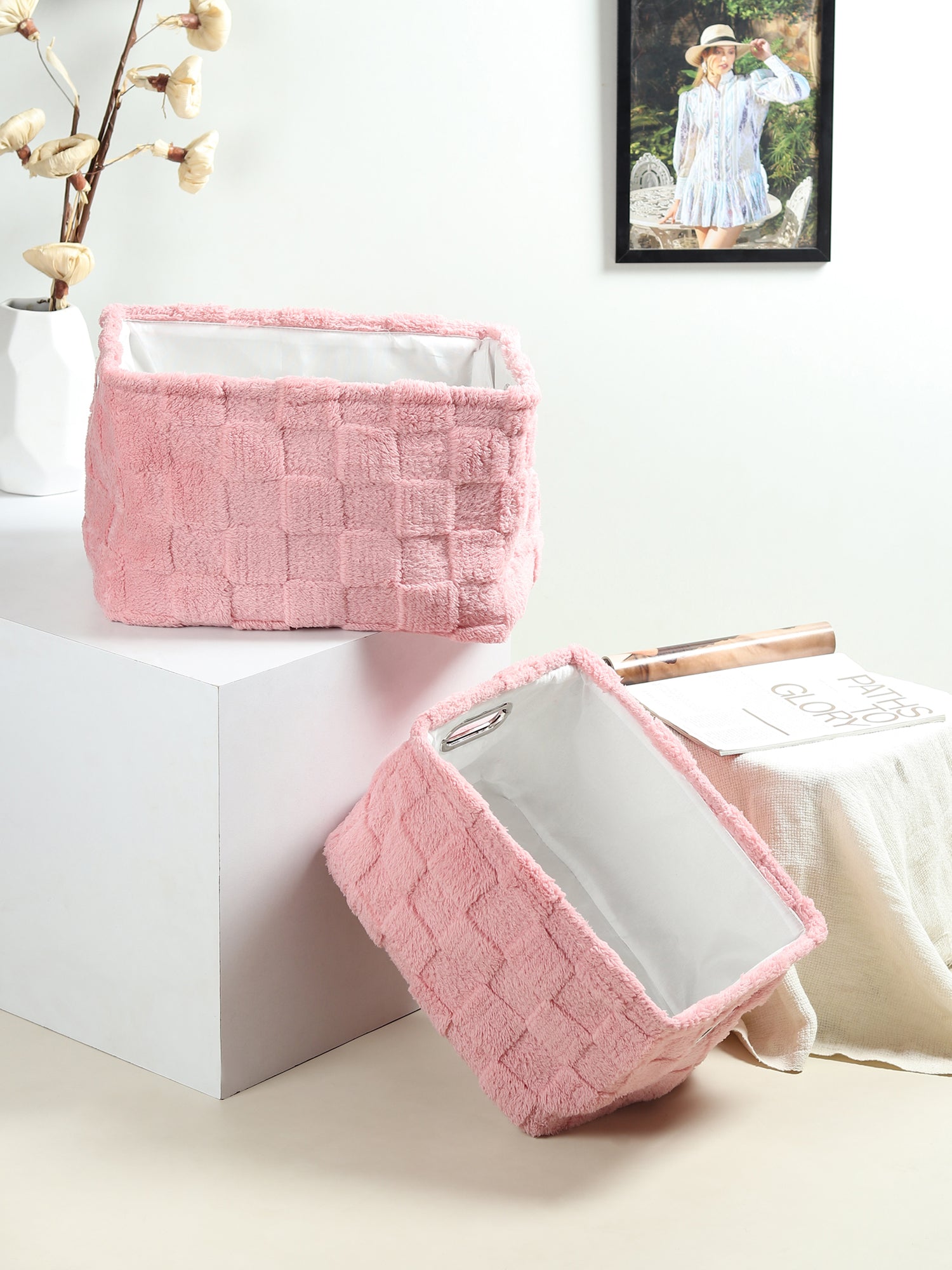Soft Grid Plush Storage Basket Blush Pink Set of 2 - OUCHCART | Storage bag