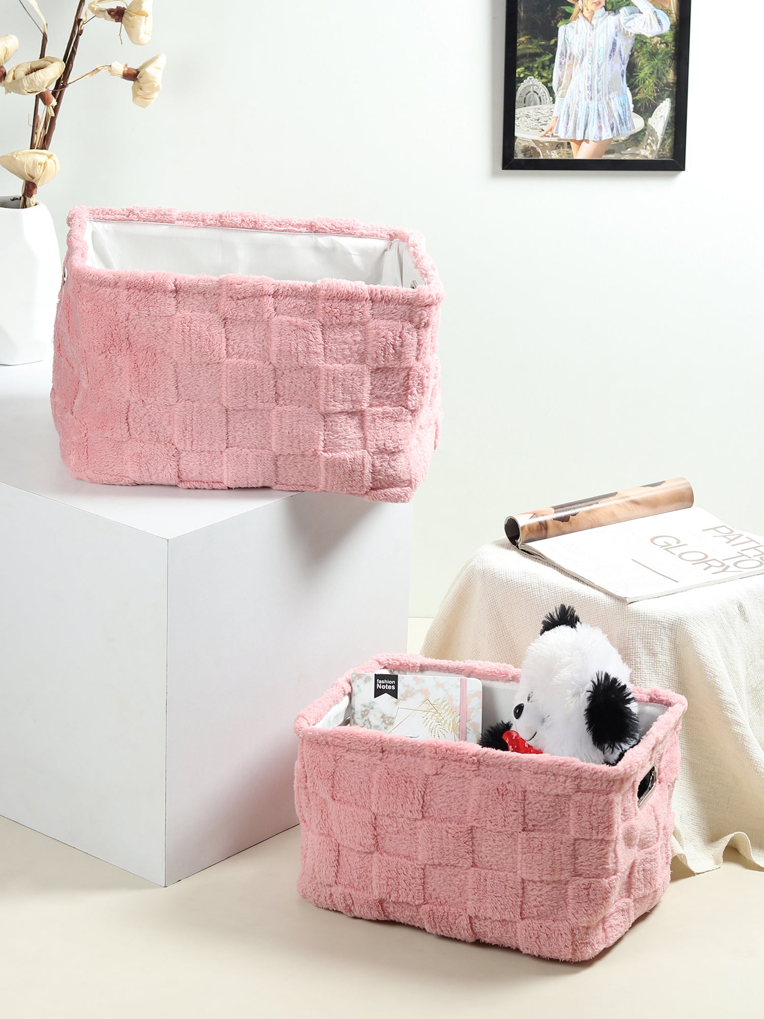 Soft Grid Plush Storage Basket Blush Pink Set of 2 - OUCHCART | Storage bag