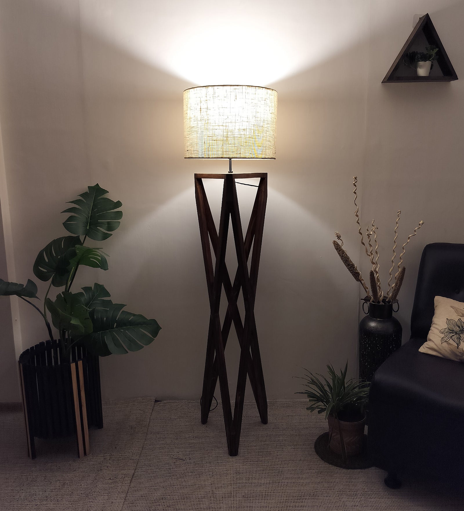 Spectre Wooden Floor Lamp with Brown Base and Jute Fabric Lampshade