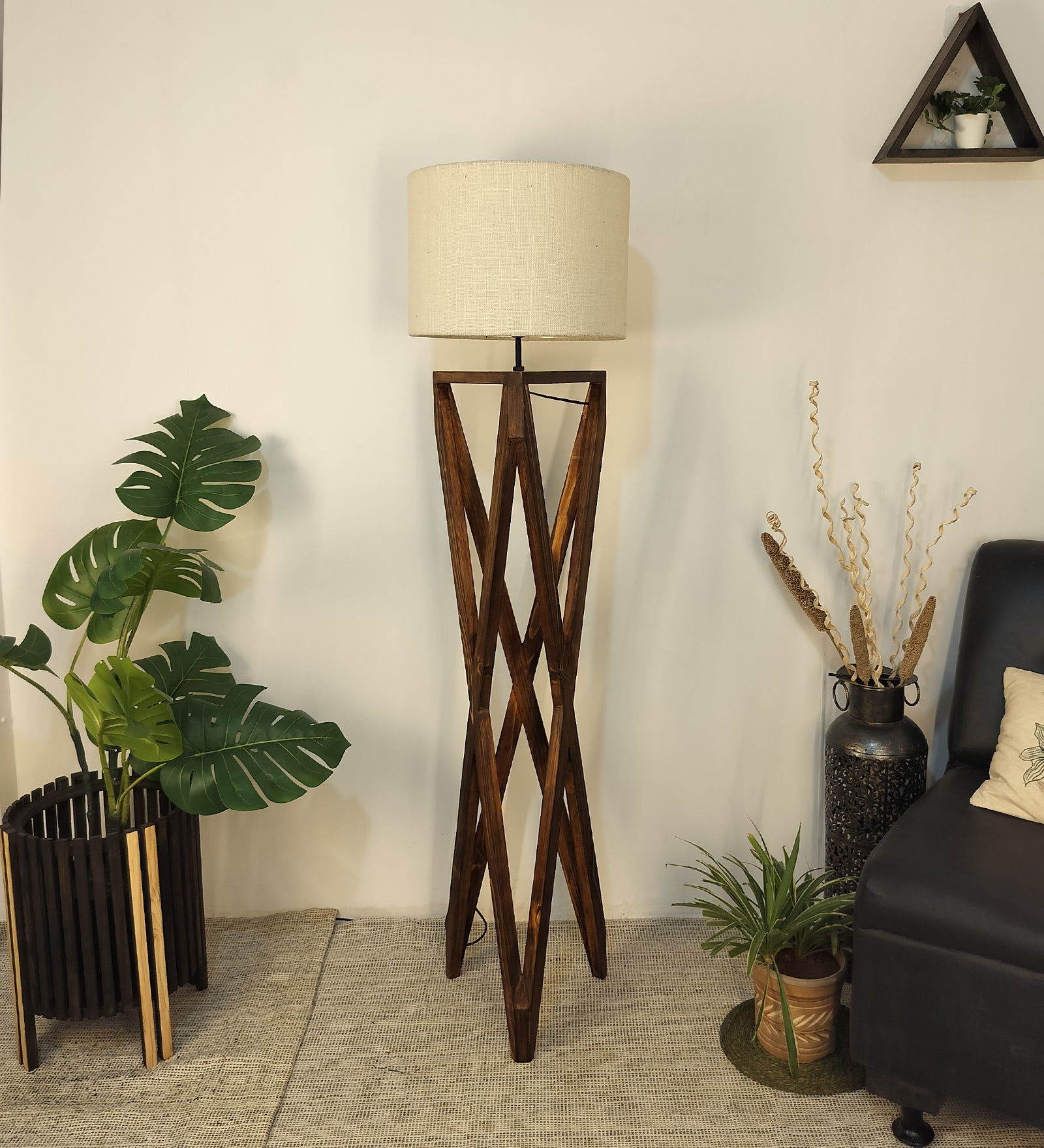 Spectre Wooden Floor Lamp with Brown Base and Jute Fabric Lampshade