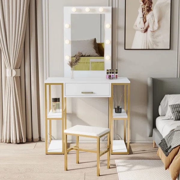 Anna Vanity dressing table with mirror with stool Vanity Desk with Power Outlet, Makeup Table with Sliding Lighted Mirror, Vanity Dresser for Bedroom White