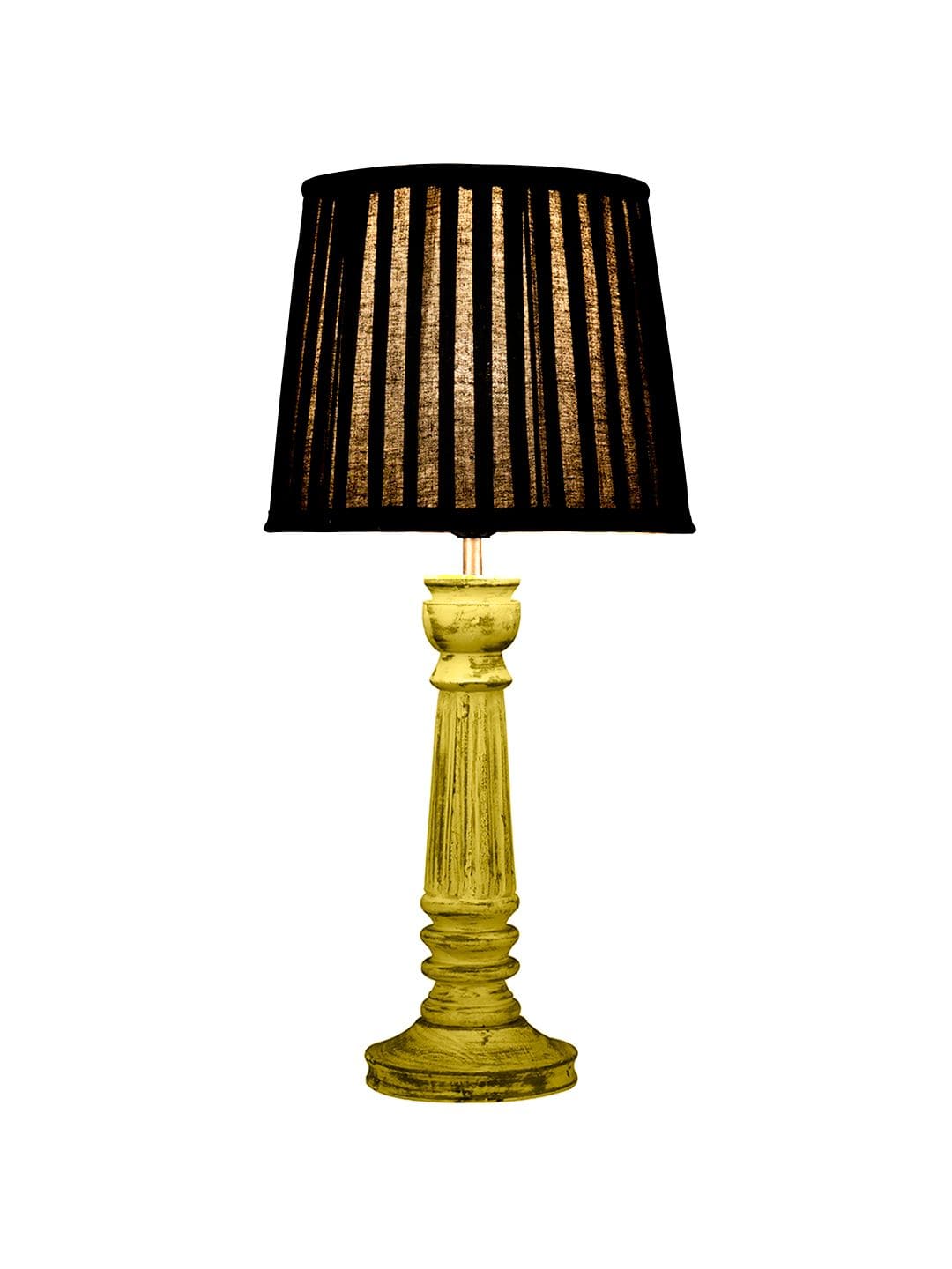 Wooden Pillar Yellow lamp with pleeted Black Soft Shade