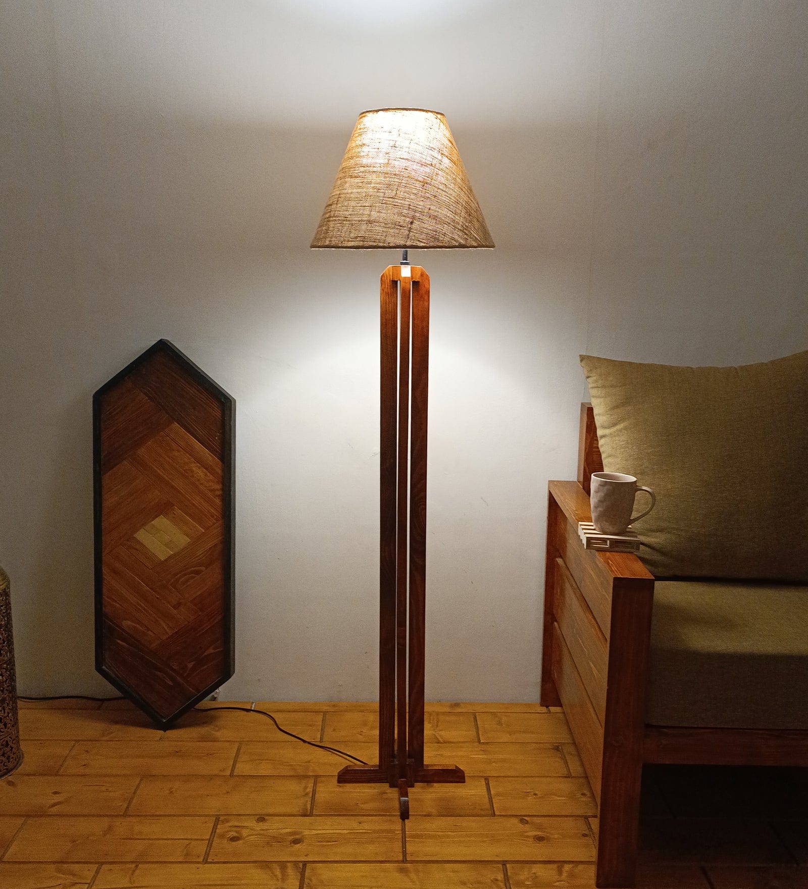 Stella Wooden Floor Lamp with Premium Beige Fabric Lampshade (BULB NOT INCLUDED)
