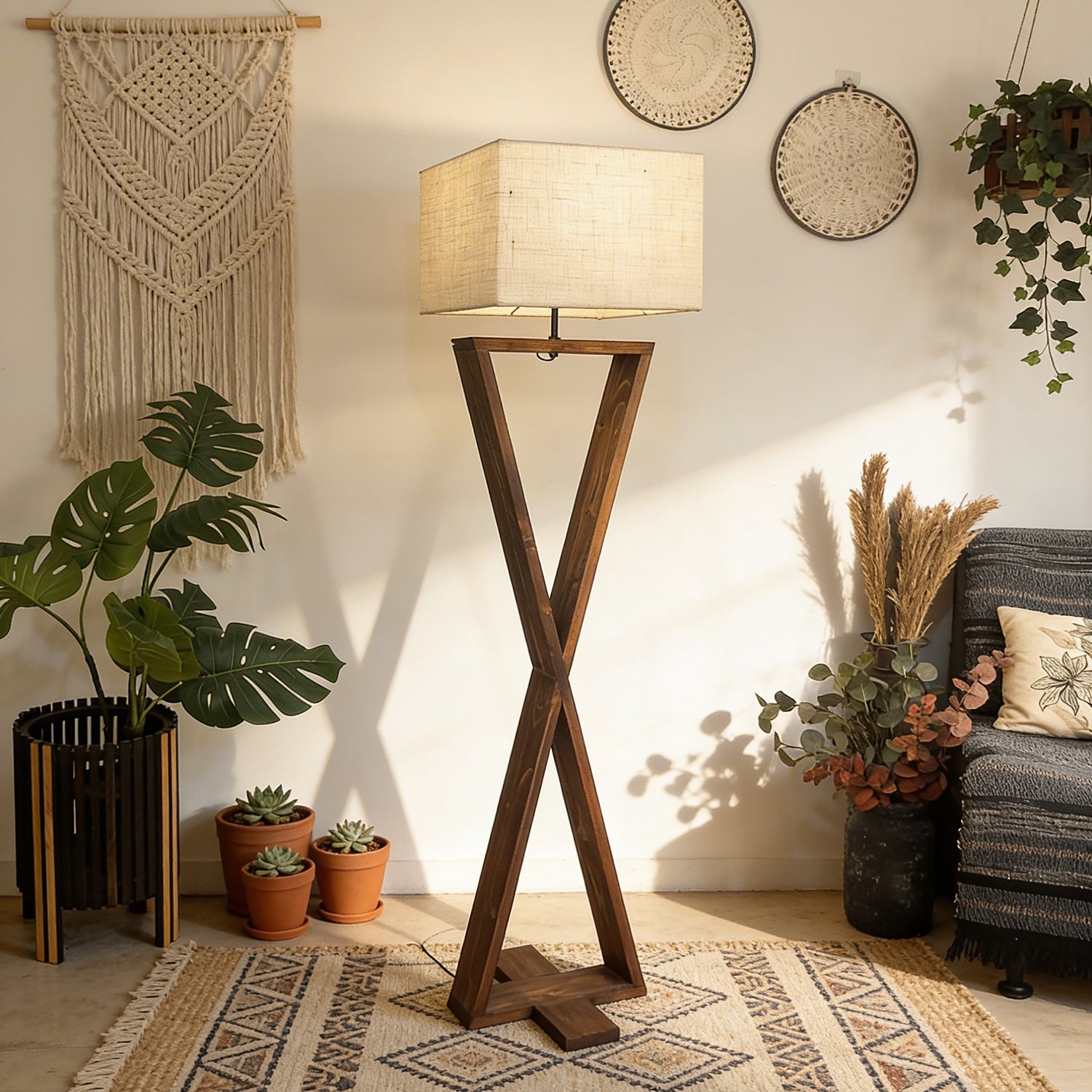 Infinity Wooden Floor Lamp with Premium Beige Fabric Lampshade (BULB NOT INCLUDED)