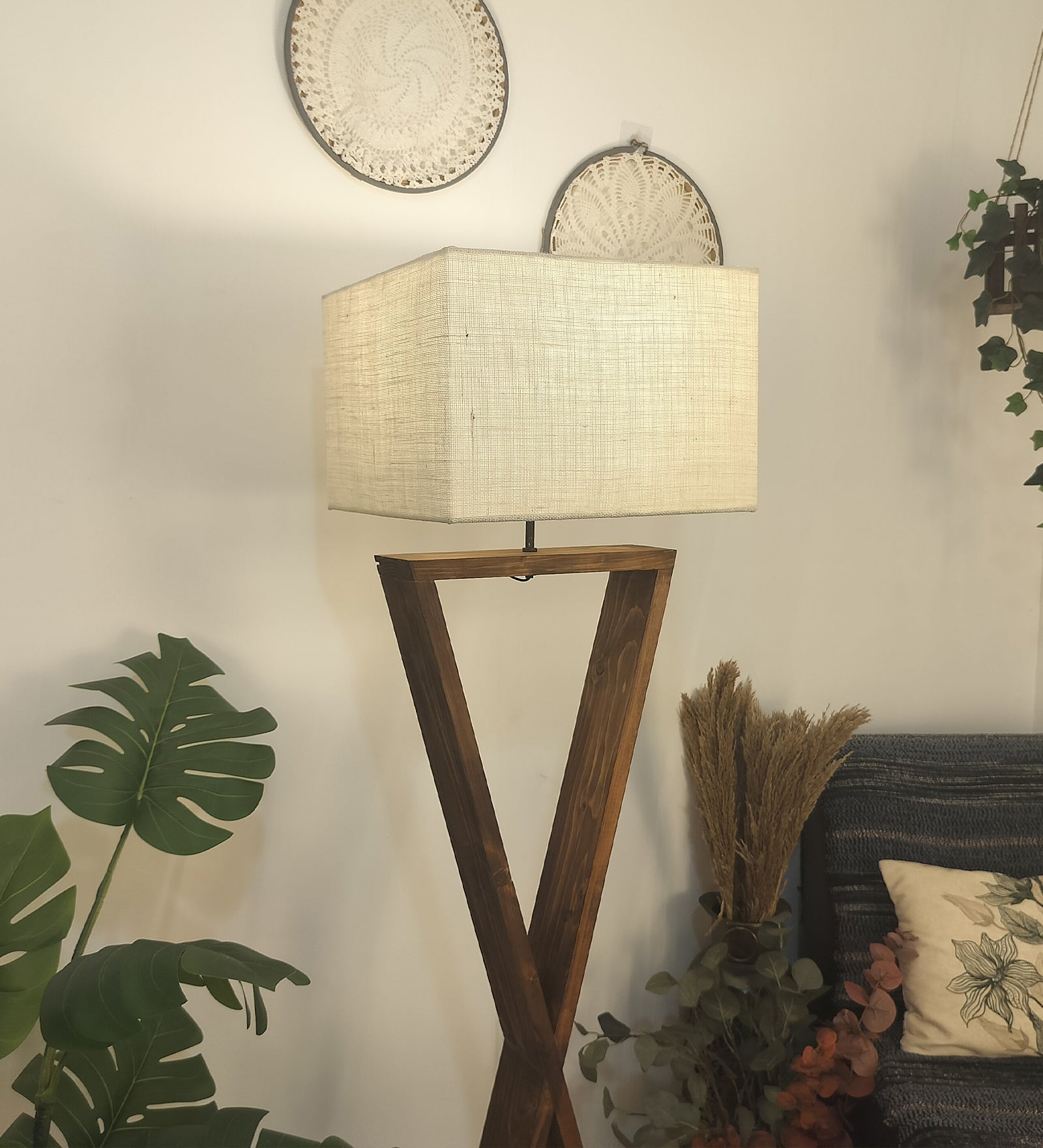 Monica Wooden Floor Lamp with Premium Beige Fabric Lampshade (BULB NOT INCLUDED)