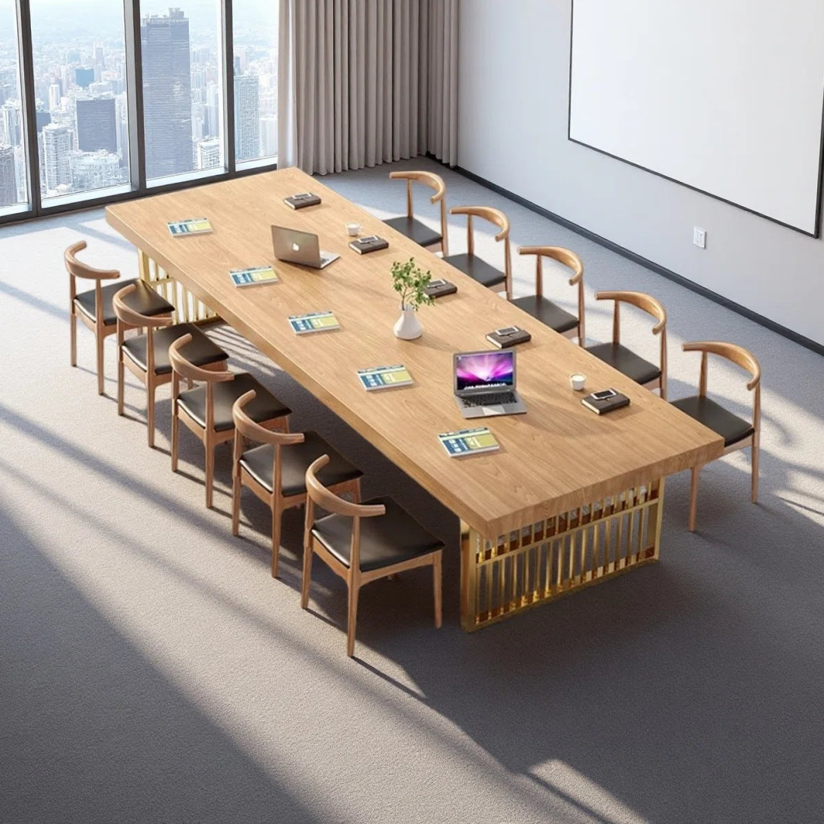 Iron Base Rectangular Solid Wood Conference Table-OUCH CART 