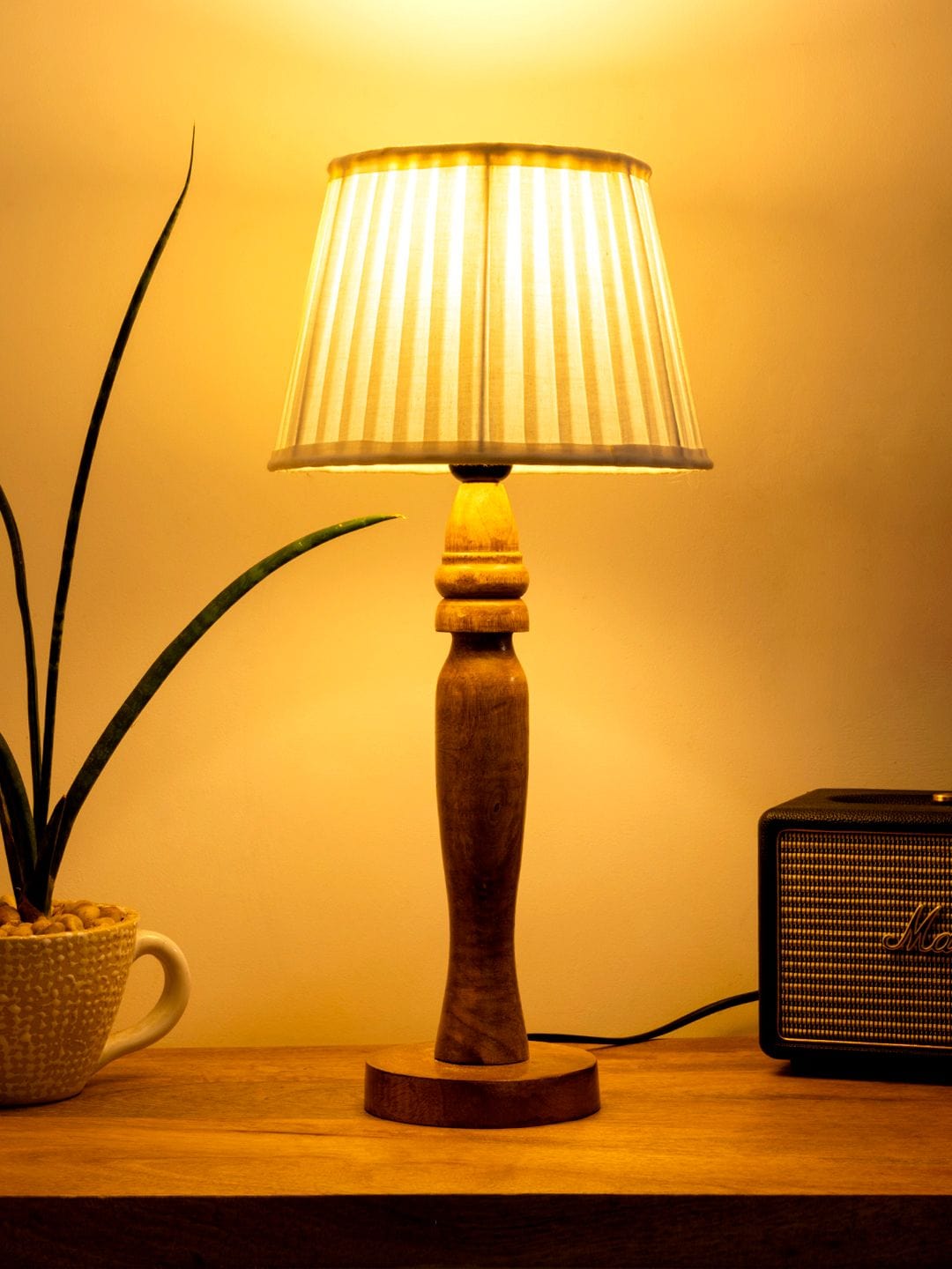 Wooden Round Brown Lamp with pleeted White Taper soft Shade