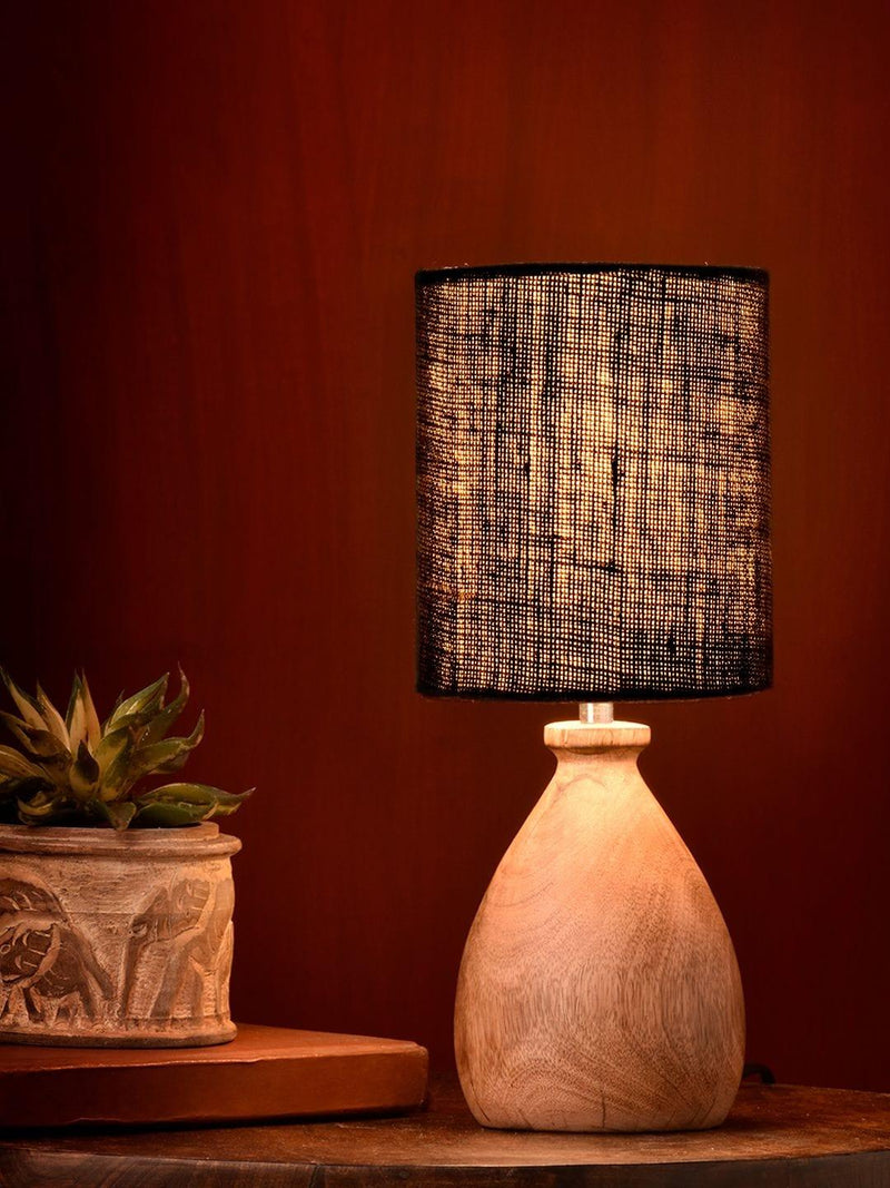 J6fDZaCA.jpg Wooden Dome Table Lamp with Jute Black Shade - Image 1