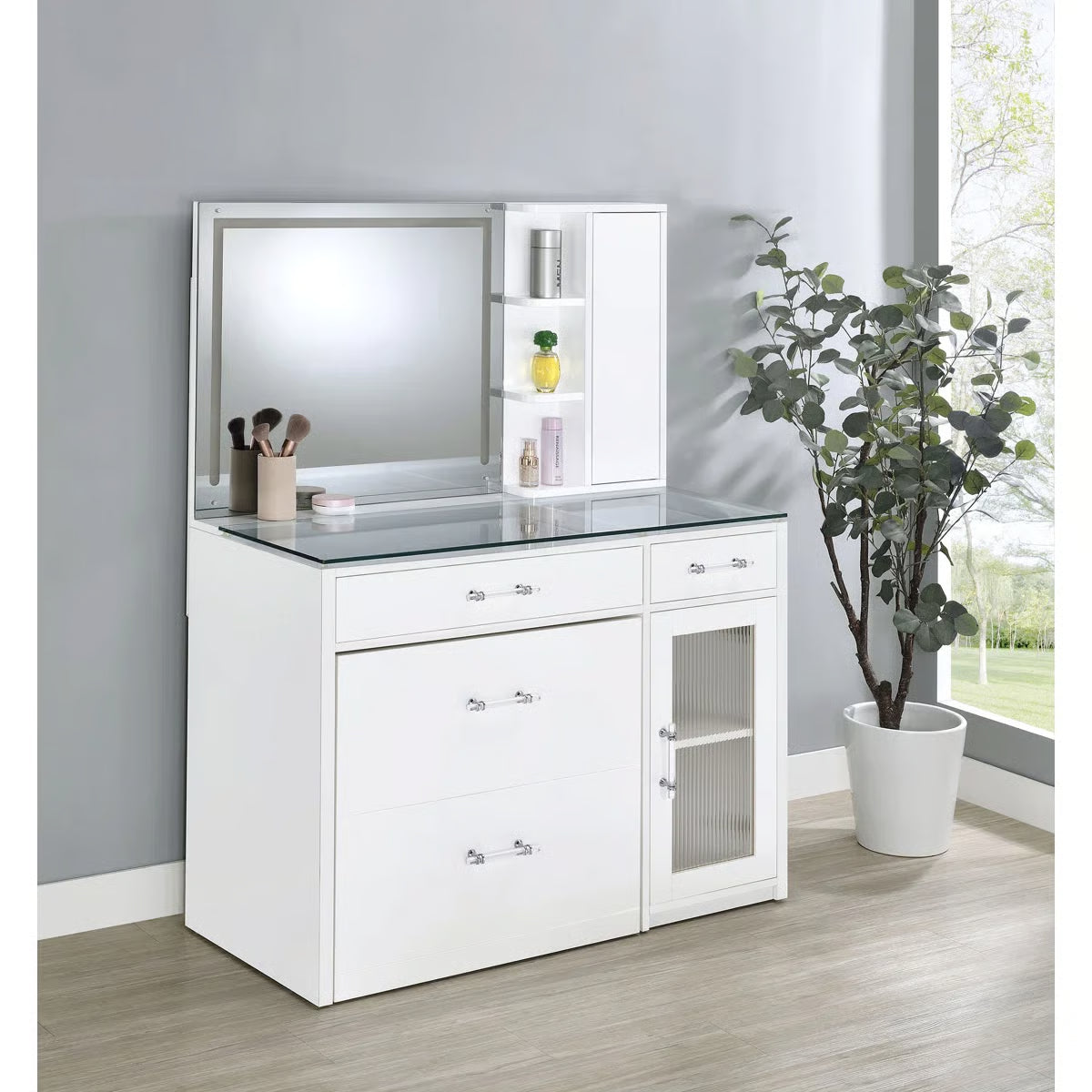 Elegant Jaiyla 2-Drawer Vanity Set with LED Mirror – Modern High Gloss Desk-OUCH CART |Dressing table