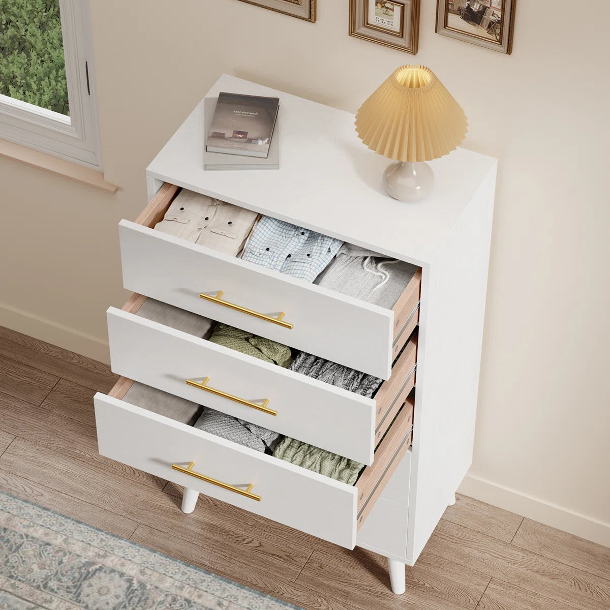 Engineered Wood Tall Chest with Modern Metallic Handles