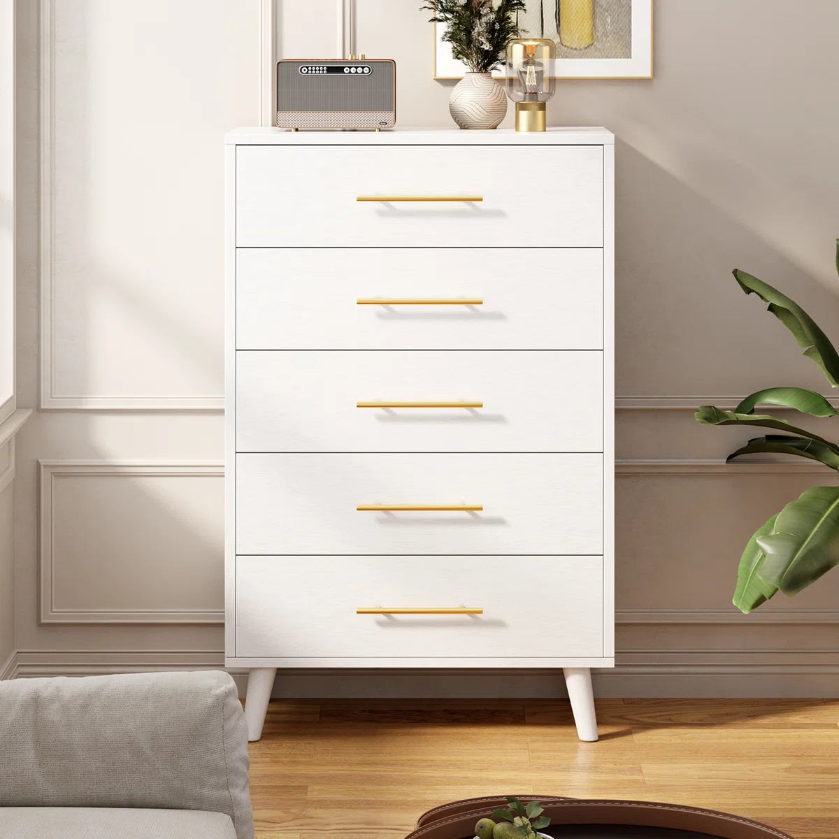 Engineered Wood Tall Chest with Modern Metallic Handles