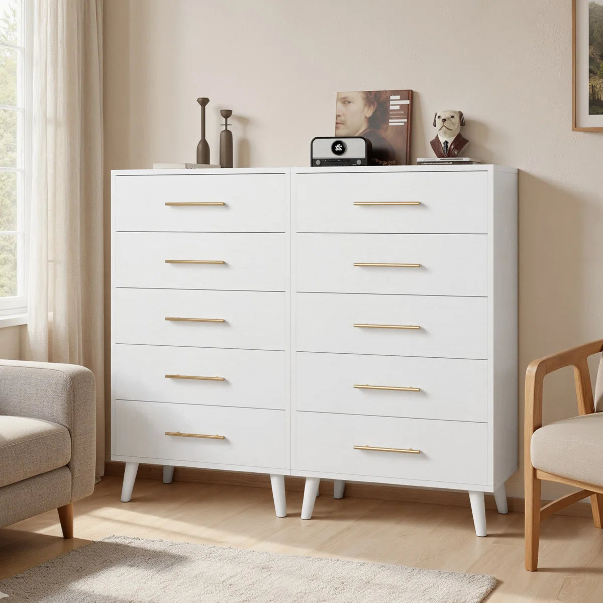 Engineered Wood Tall Chest with Modern Metallic Handles