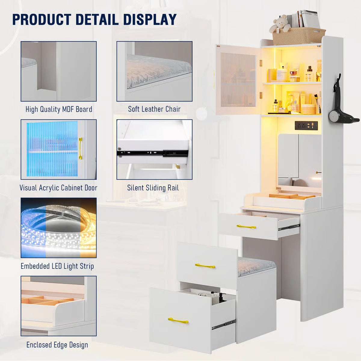 Modern Jamone Makeup Vanity with Storage, LED Lights and Built-In Power