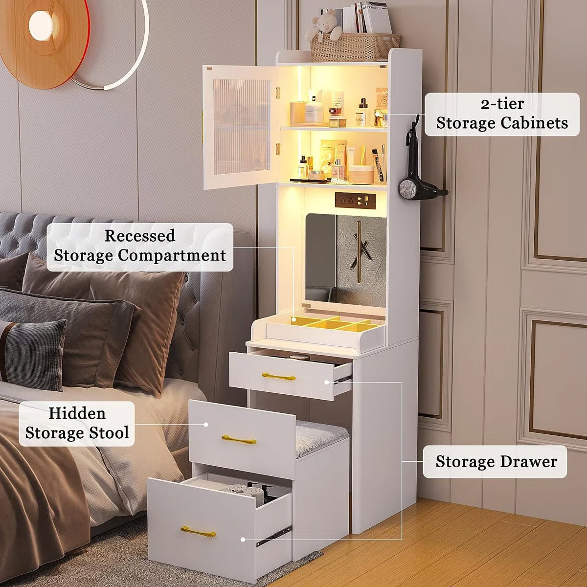 Modern Jamone Makeup Vanity with Storage, LED Lights and Built-In Power