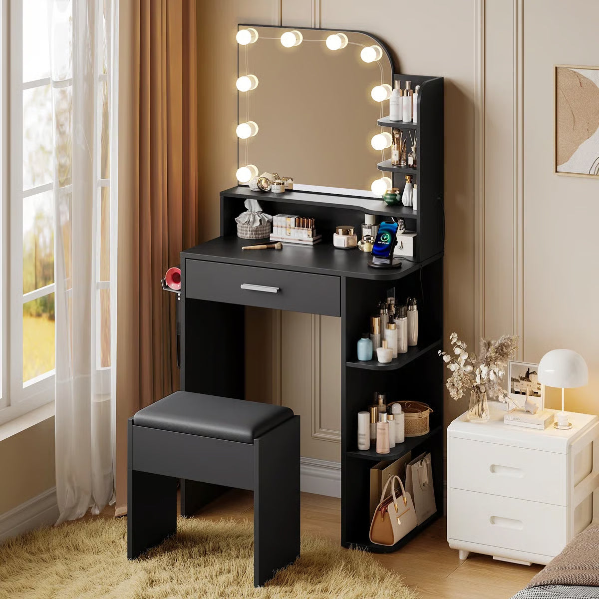 Jaseria Vanity Desk with Lighted Mirror & Power Outlet – Bedroom Makeup Table-OUCH CART |Dressing table