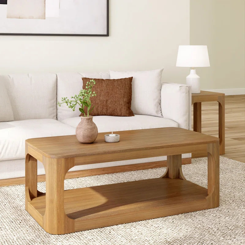 Solid Pine Wood Coffee Table with Storage Shelf | Modern Rounded Rectangular Center Table for Living Room