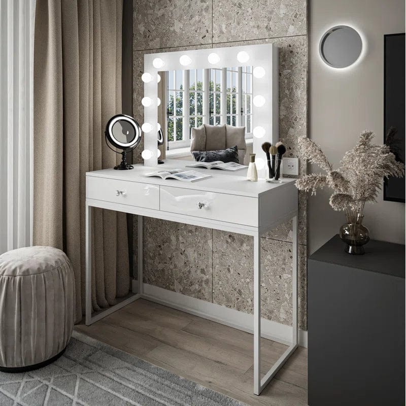 White Vanity Table with Charging Station & Power Outlet, Makeup Vanity with Storage Drawers, Vanity Desk with Lighted Mirror for Women