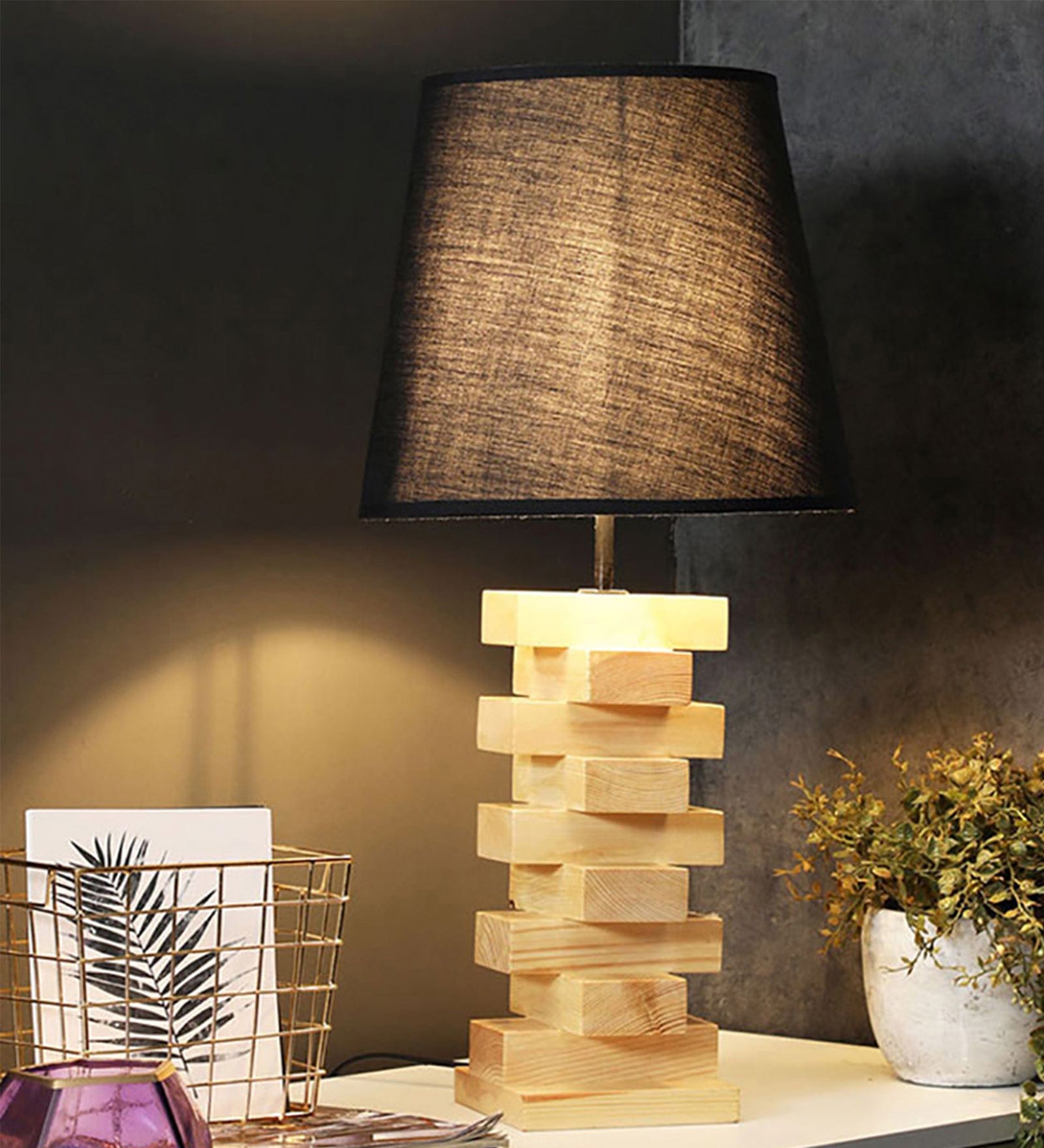 Libra Brown Wooden Table Lamp with Yellow Printed Fabric Lampshade (BULB NOT INCLUDED)