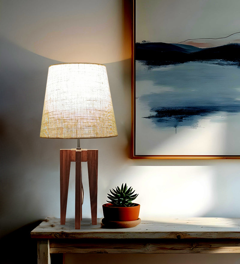 Jet-Brown-Wooden-Table-Lamp-1.jpg Jet Brown Wooden Table Lamp with White Fabric Lampshade (BULB NOT INCLUDED) - Image 1