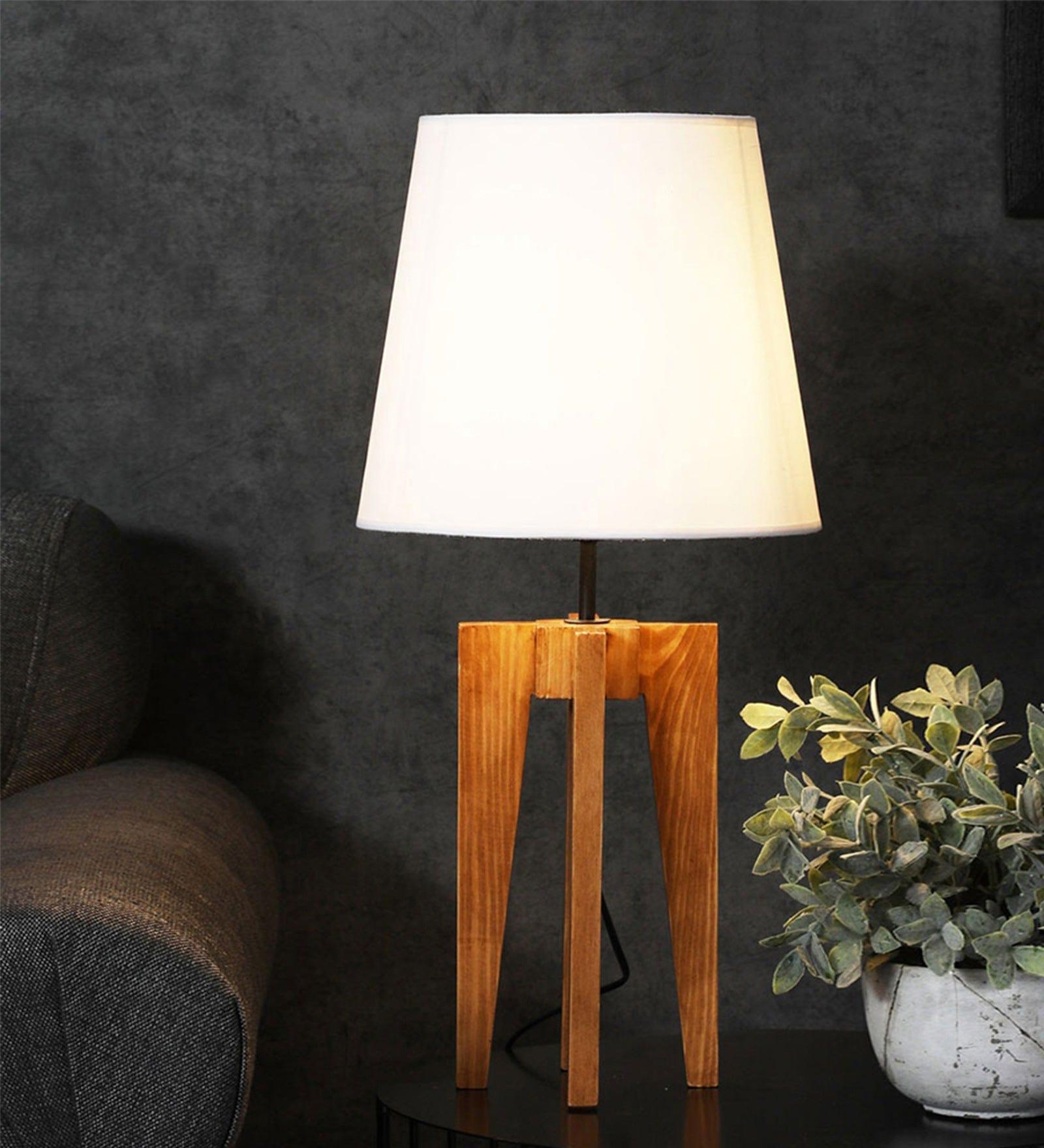 Jet Brown Wooden Table Lamp with Yellow Printed Fabric Lampshade (BULB NOT INCLUDED) - Ouch Cart 